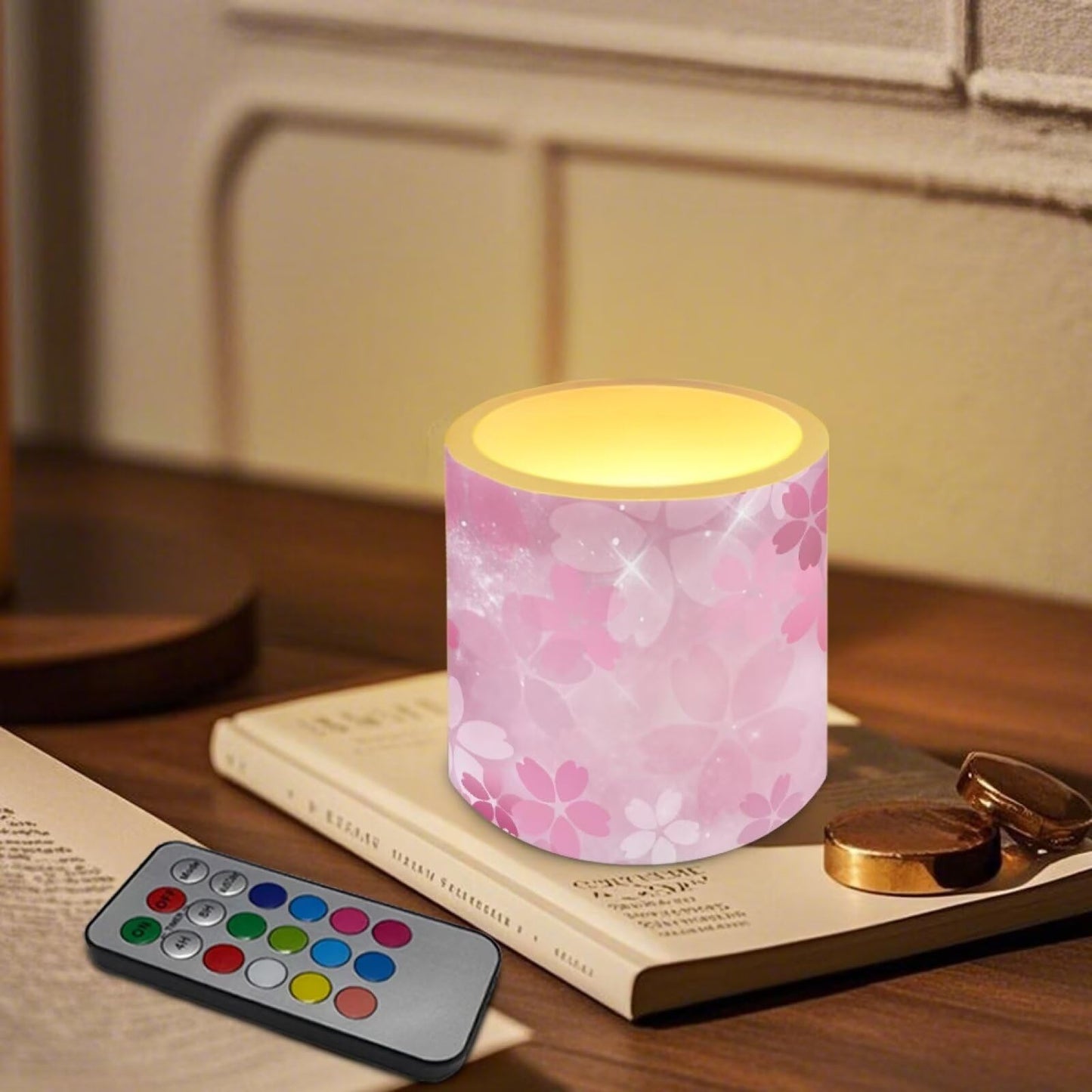 Cozeyat Pink Blossom Flameless Candles 4 Pack Battery Operated with Remote Control Timer LED Pillar Candles Waterproof for Indoor Outdoor Decor