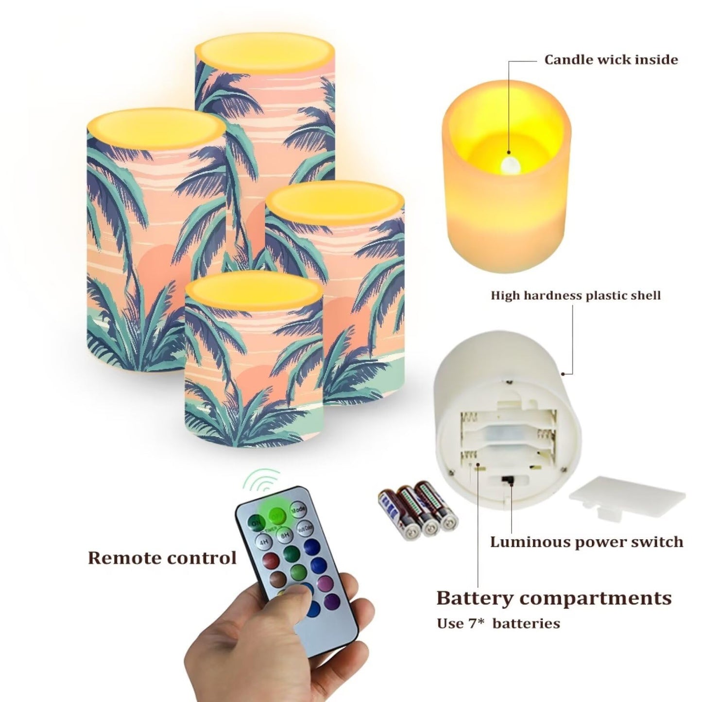 Merkmak 4Pcs Coastal Flameless Candles with Remote and Timers Tropical Coconut Tree Flickering Battery Operated Candles Waterproof Pink Flameless LED Pillar Lights for Hotel, Restaurant
