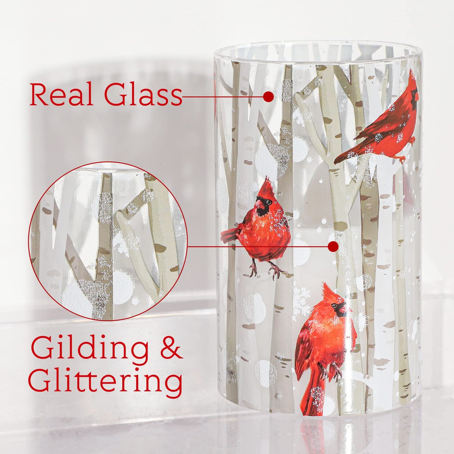 Crystal Club Flameless Candles, Cardinal Theme, (Set of 3) Battery Operated LED Candles with Remote, Real Wax & Glass Effect Candle with Timer for Christmas Home Festival Décor