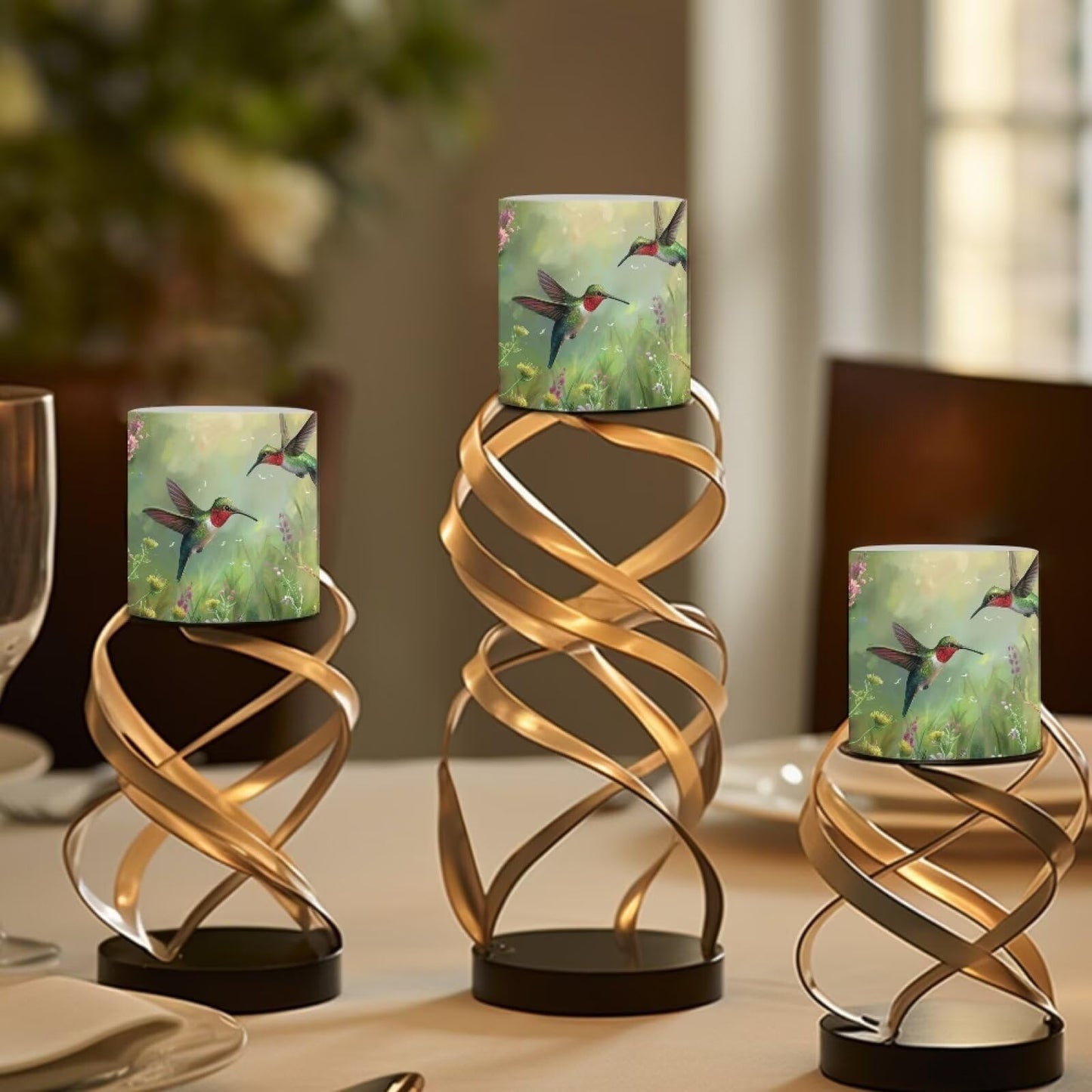 Cozeyat Green Floral Hummimgbird Versatile LED Candles Set of 4 Battery Operated Flameless with Remote Timer Waterproof Dancing Flame for Table Patio Beach Home Decoration