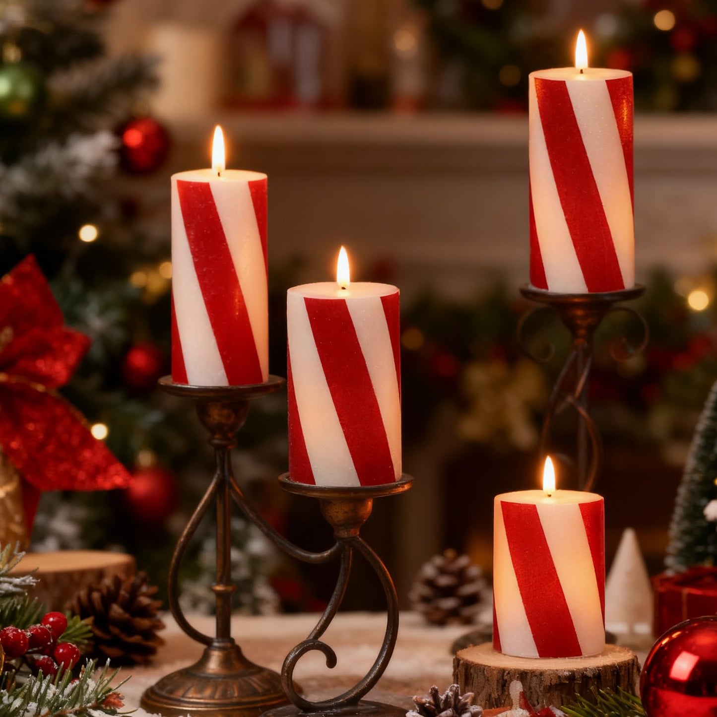 Eldnacele Christmas Candy Cane Stripe Flameless Candles with Remote and Timer, Battery Operated 3D Wick Flickering Real Wax Stripe Glitter Pillar LED Candles Holiday Xmas Decor (3Pcs, D3×H4/5"/6")