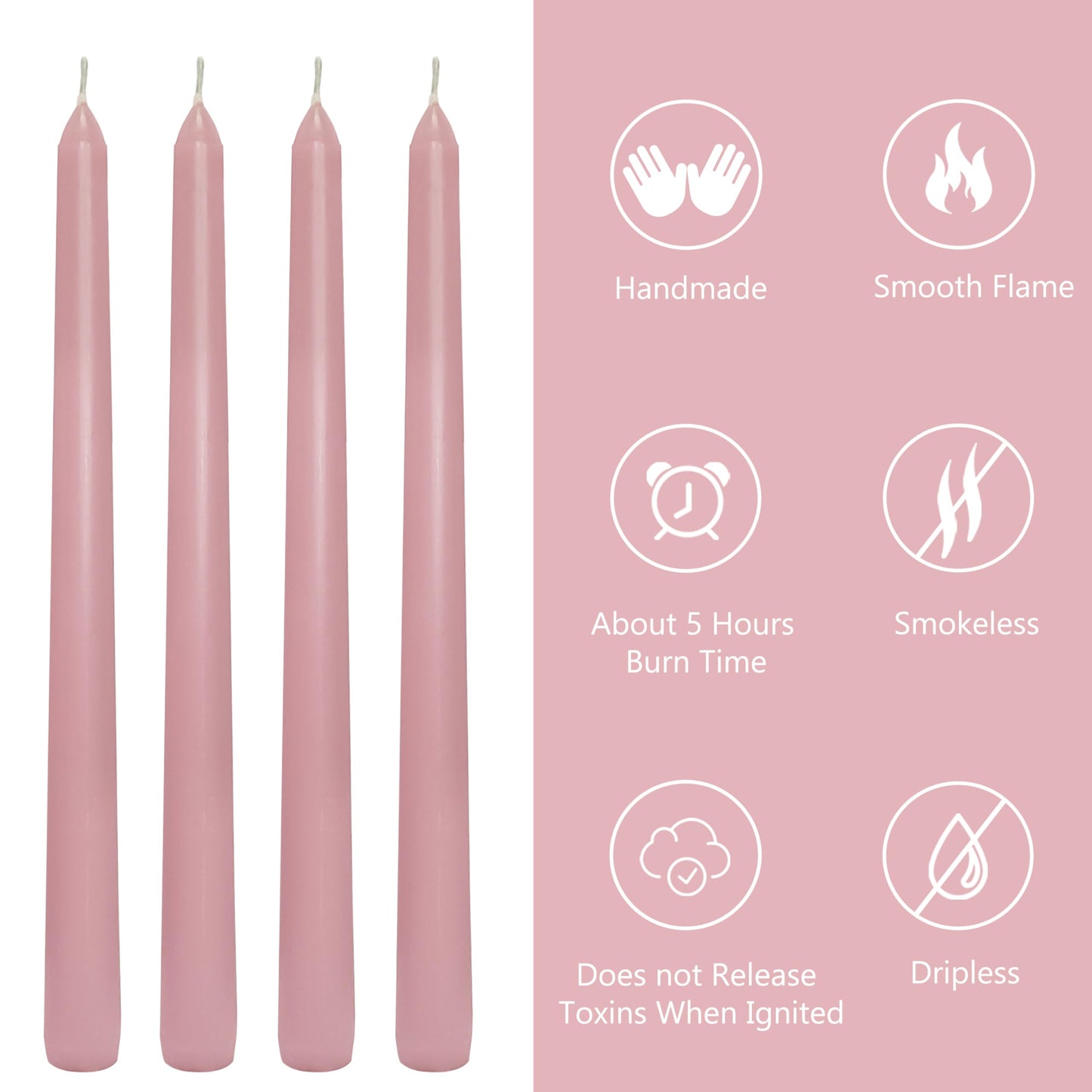 10 Inch Taper Candles Handmade Smokeless Set of 4 – Rose Scent Tapered Candles in Pink, Candle Sticks for Wedding, Home Decor, and Dinner Table