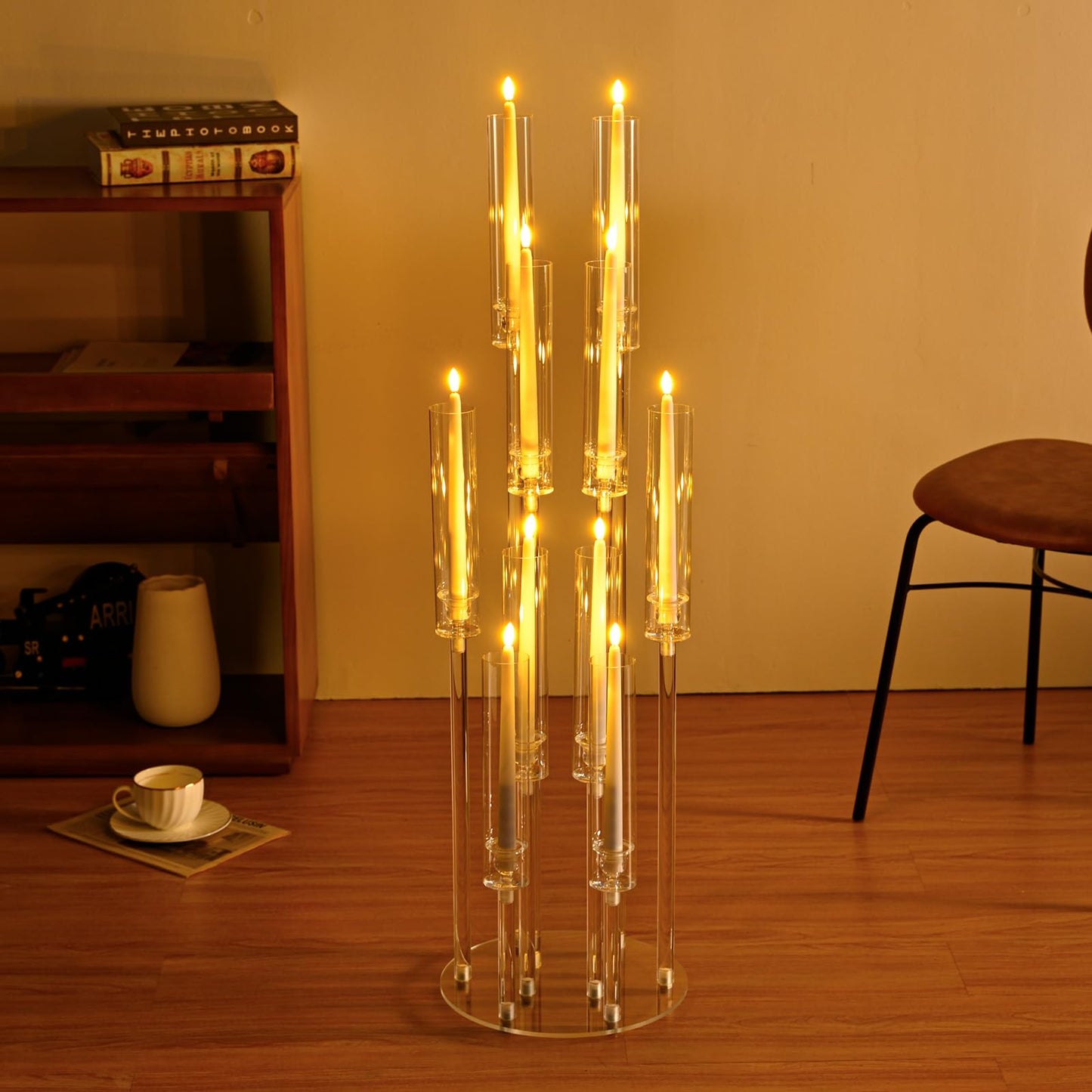 4 Sets 10 Arms Acrylic Candelabra Wedding Centerpiece,33.7Inches Floor Clear Candlesticks Holder with Acrylic Shade for Baby Shower Event Dinner Party Decoration(Fit 0.8Led Candles)