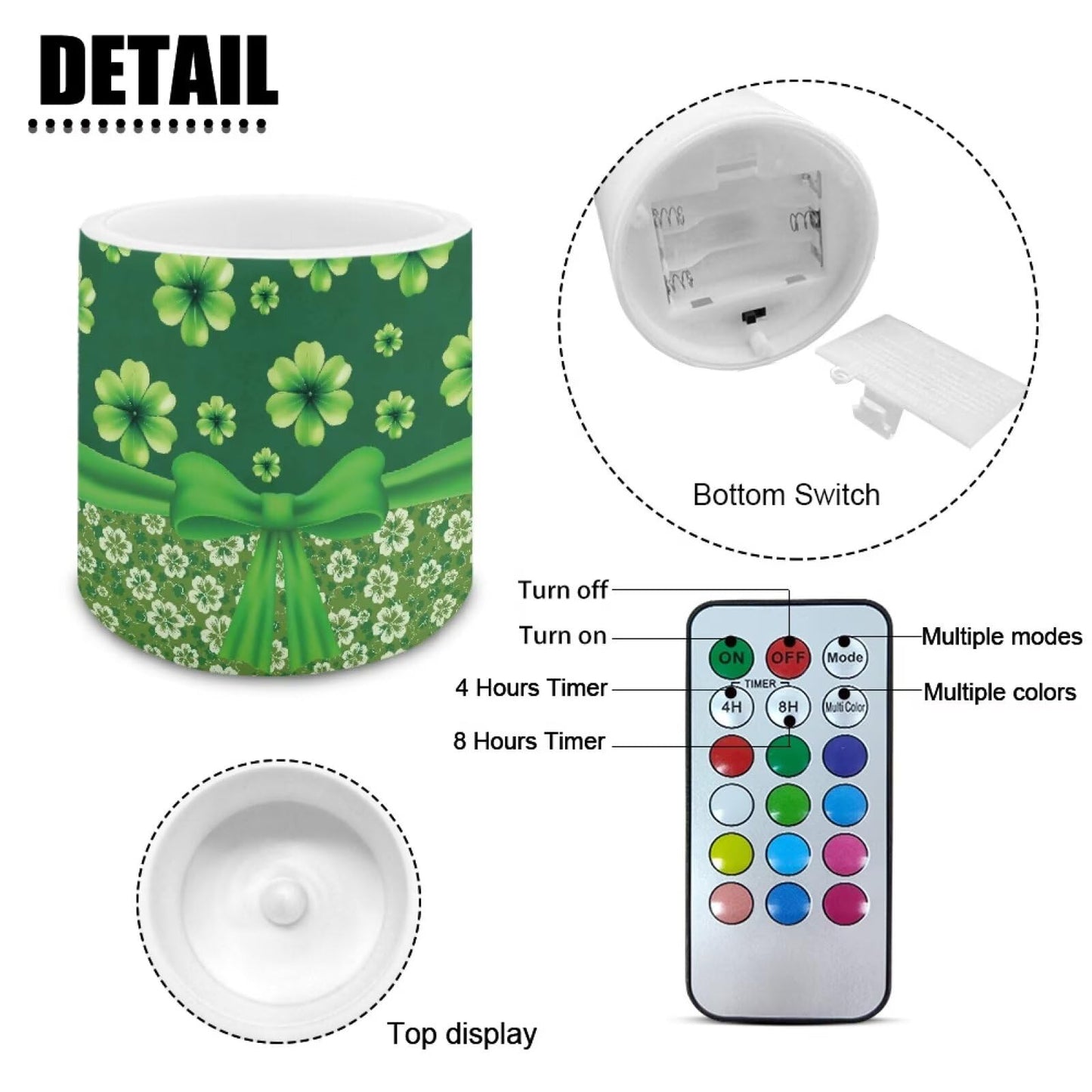 Merkmak 4 Pcs Flickering Flameless Candles with Remote Battery Operated Pillar Candles with Timer St Patrick's Day Shamrocks Ribbon Print LED Pillar Tealights for Patio Banquet Home Decor