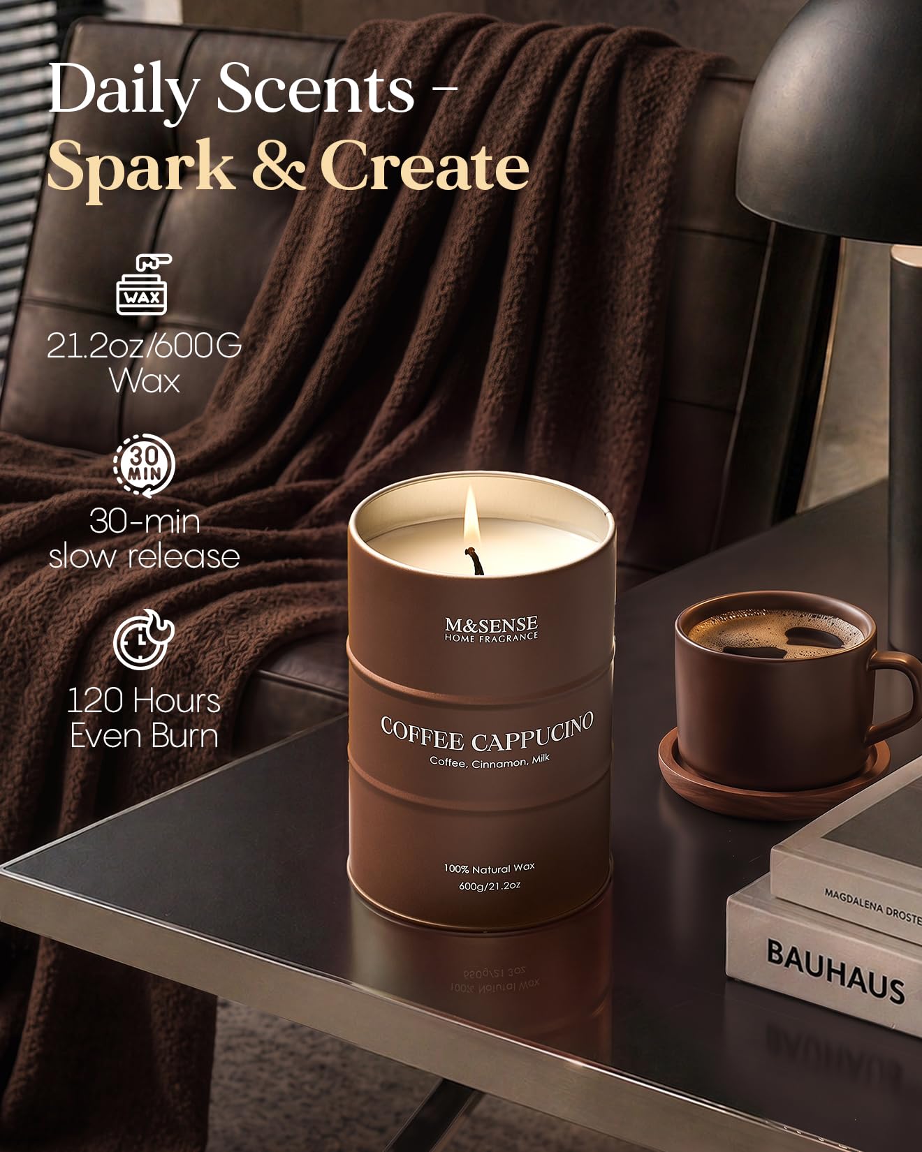 M&SENSE Coffee Cappuccino Large Scented Candles Christmas Decor, Hoilday Soy Wax Christmas Candle 21.2oz 120 Hours, Coffee Aroma Candle Unique Housewarming Appreciation Gifts