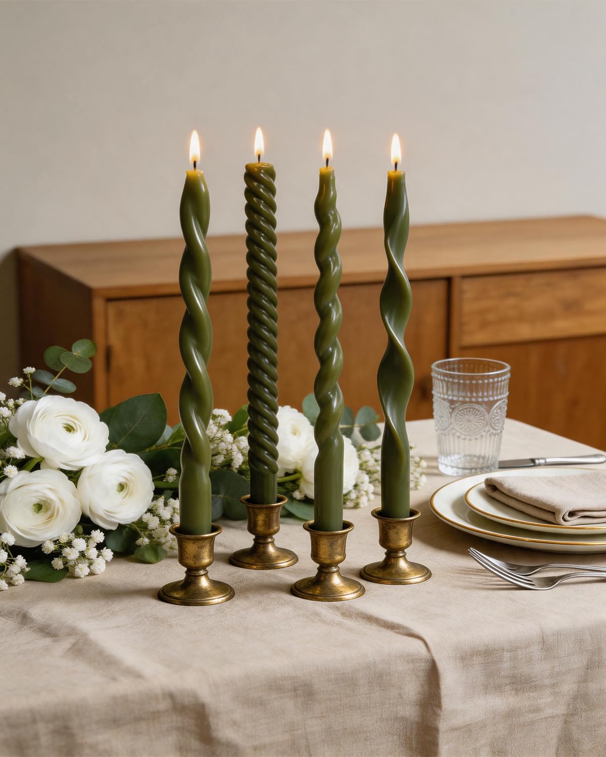Olive Green Taper Candles Spiral Candlesticks Unscented Smokeless Tall Candles for Wedding Holiday Dinner Party Home Decorative candles-10inch,4pcs