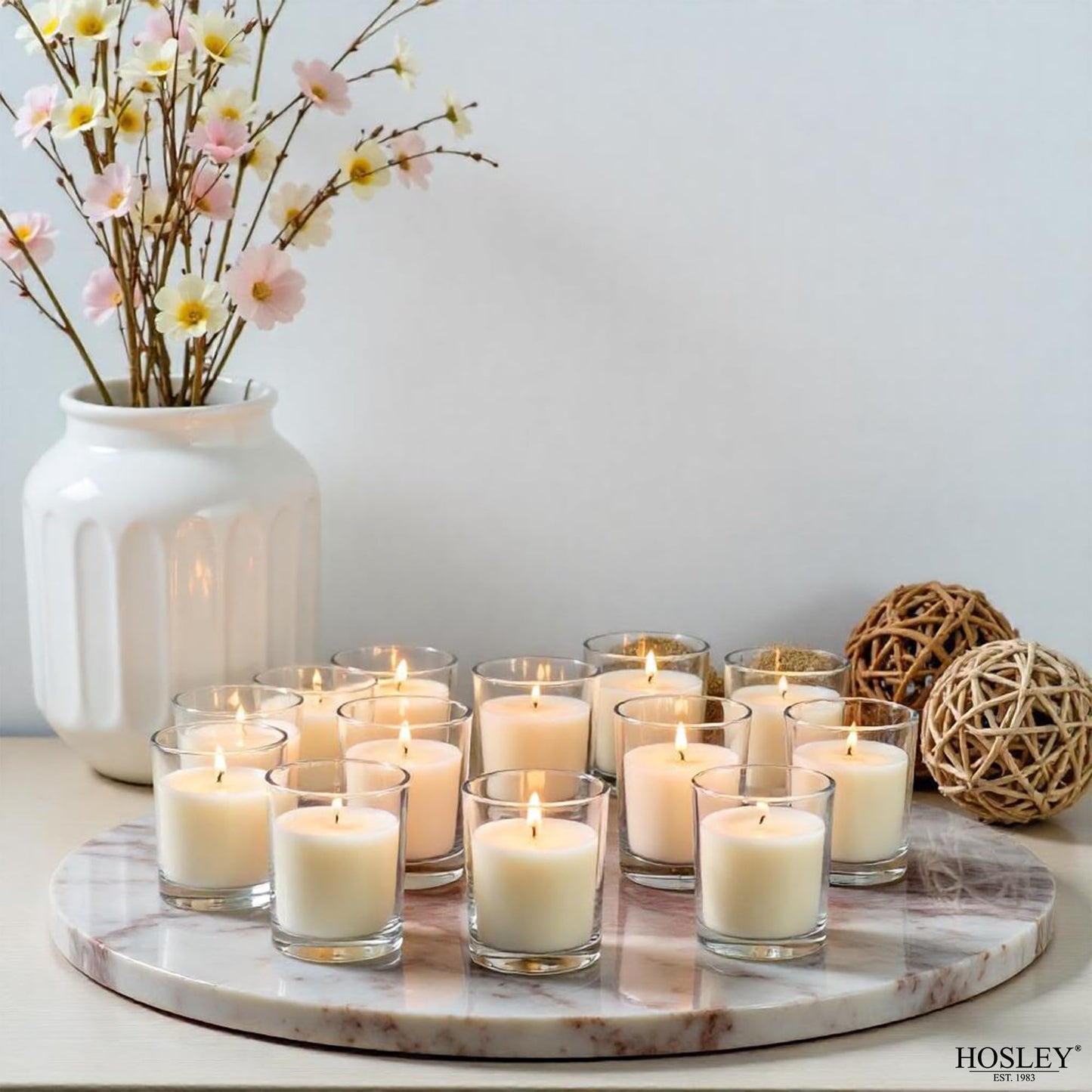 Hosley 48 Pack White Unscented Votive Candles, Clear Glass, Hand-Poured Wax, Bulk Wedding & Party Candles for Gifts, Tables, Aromatherapy & Holidays Party Weddings Birthdays (White)