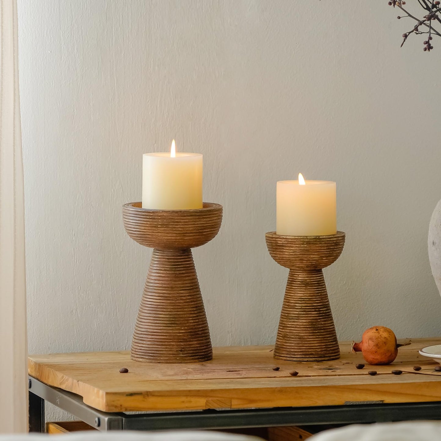 NIKKY HOME Modern Farmhouse Pillar Candle Holders Set of 2, Rustic Resin Candlesticks Pedestal Stand, Fireplace Mantle Table Centerpiece Decor, Brown