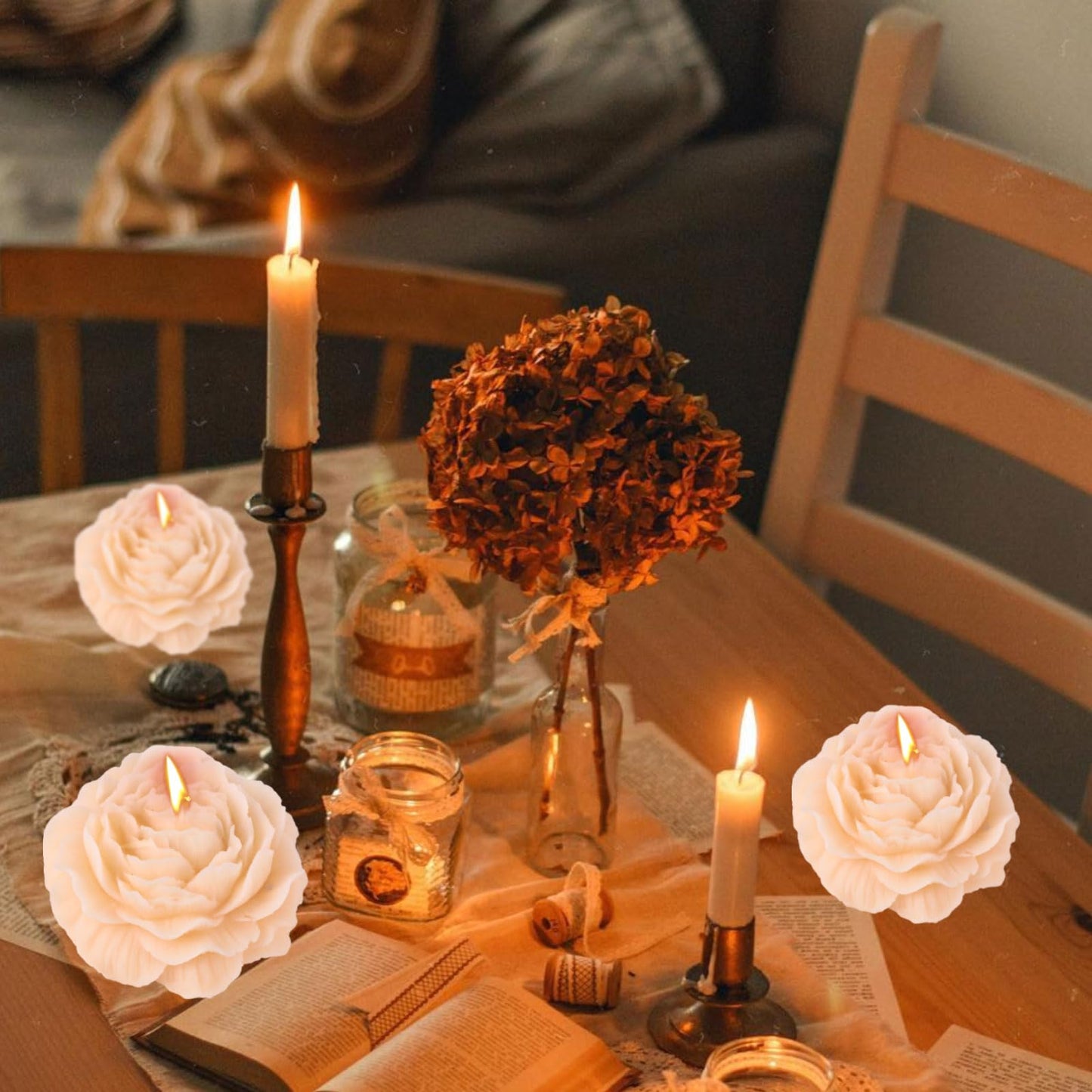 Peony Flower Shape Candles 1 Pack Soy Wax Decorative Candle for Bedroom Home Scented Candle Gift to Friends Family (Champagne)