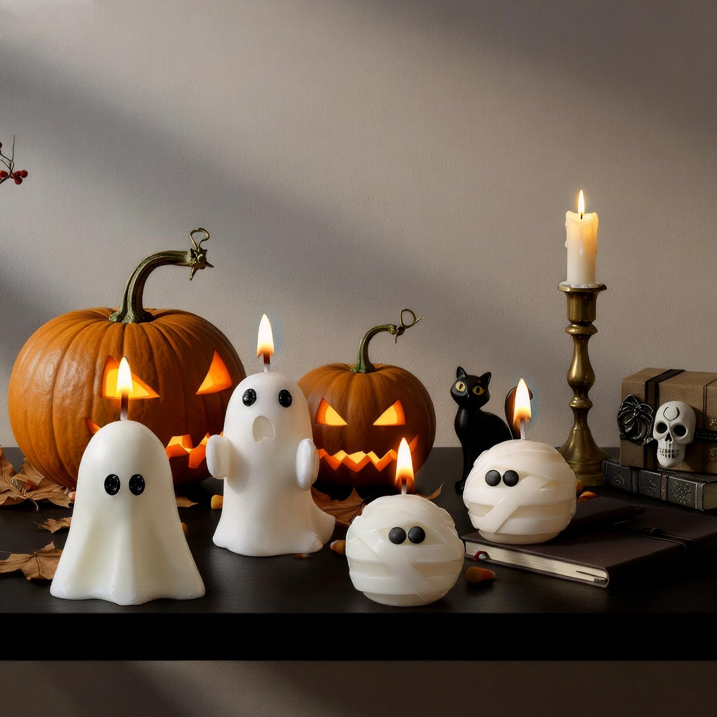 Minatee 4 Pieces Halloween Ghost Candles Large Scented Spooky Cute Mummy Candles Gifts for Halloween Party Boo Basket Stuffers Home Table Decor, 2 Style