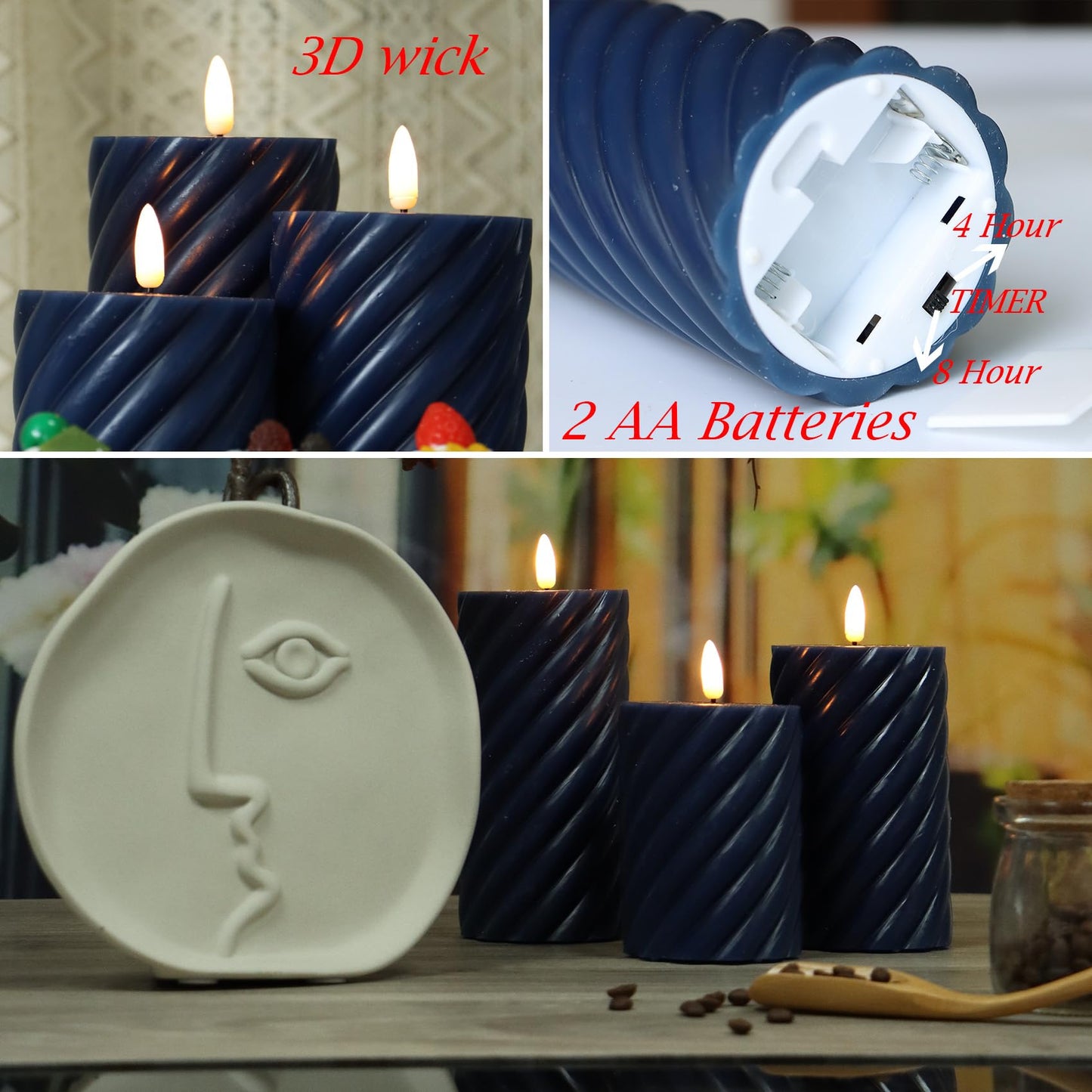 Real Wax Spiral Flameless Candles with Timer Battery Operated LED Pillar Candles Flickering Flame Electric Lights for Wedding Holiday Party Home Decor Valentine's Day Christmas Gifts,3 Pack(Navy)