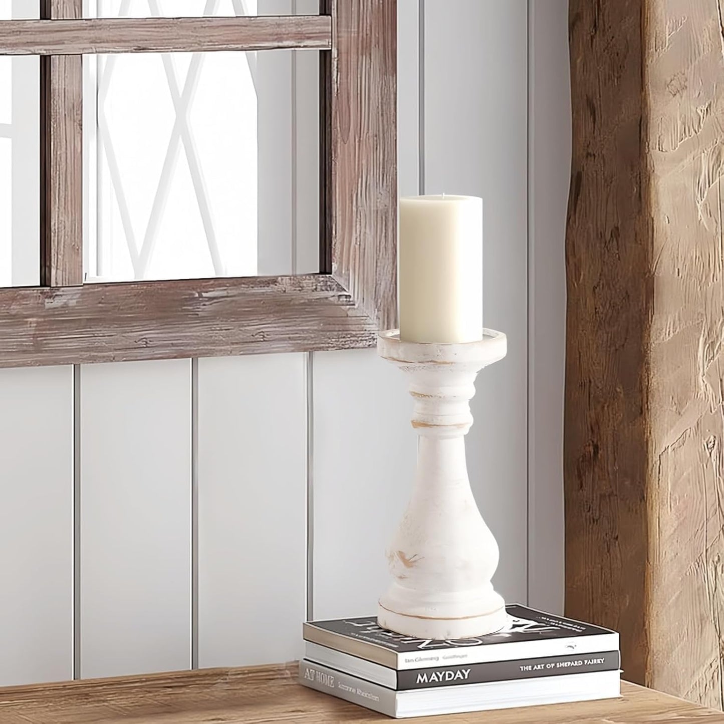 CedarLux Rustic Pillar Candle Holder, 8.5 Inch Tall White Wooden Candlestick Holders, Farmhouse Candle Stands for Pillar Candle, Decorative Wood Candlestick Holders for Living Room, Table Centerpiece