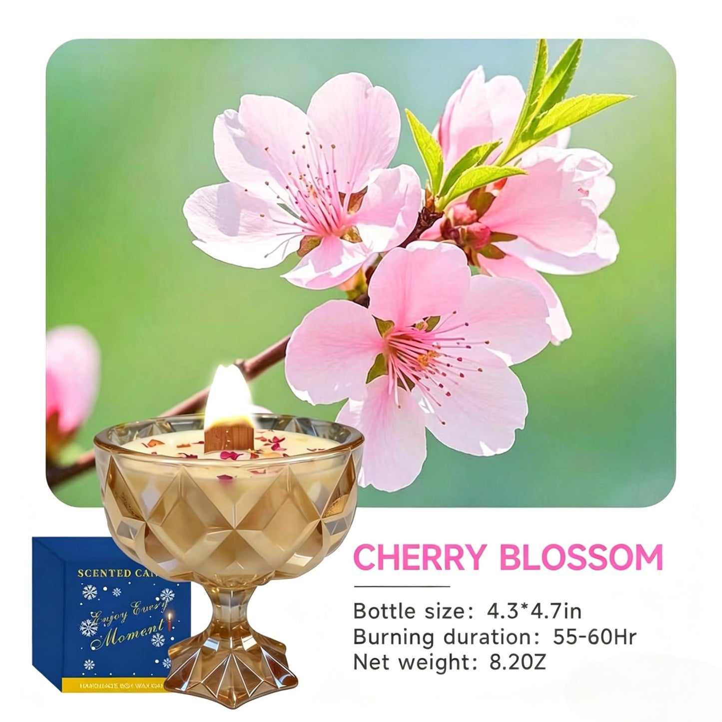 Joo Sko Diamond Bowl Shape Soy Wax Cherry Blossoms Scented Candle, Aromatherapy Jar Candles for Home Scented or As a Christmas Holiday Candle Gift for Your Lover(8.2OZ/60Hours Burning)
