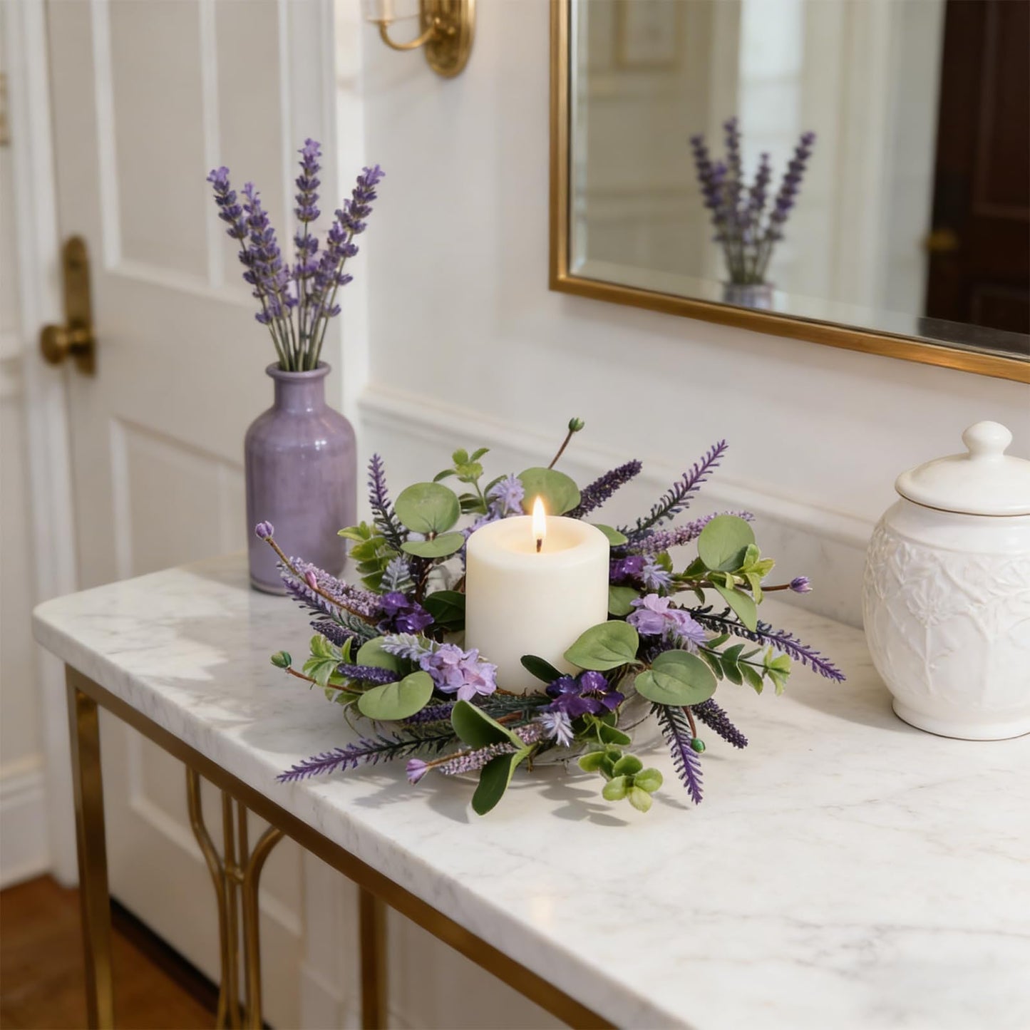 6 Pcs Small Lavender Candle Ring Wreaths Mini Pillar Candle Holder Wreath with Violet Hydrangea Flowers and Eucalyptus Leaves Artificial Spring Summer Wreath for Home Kitchen Table Cnterpieces