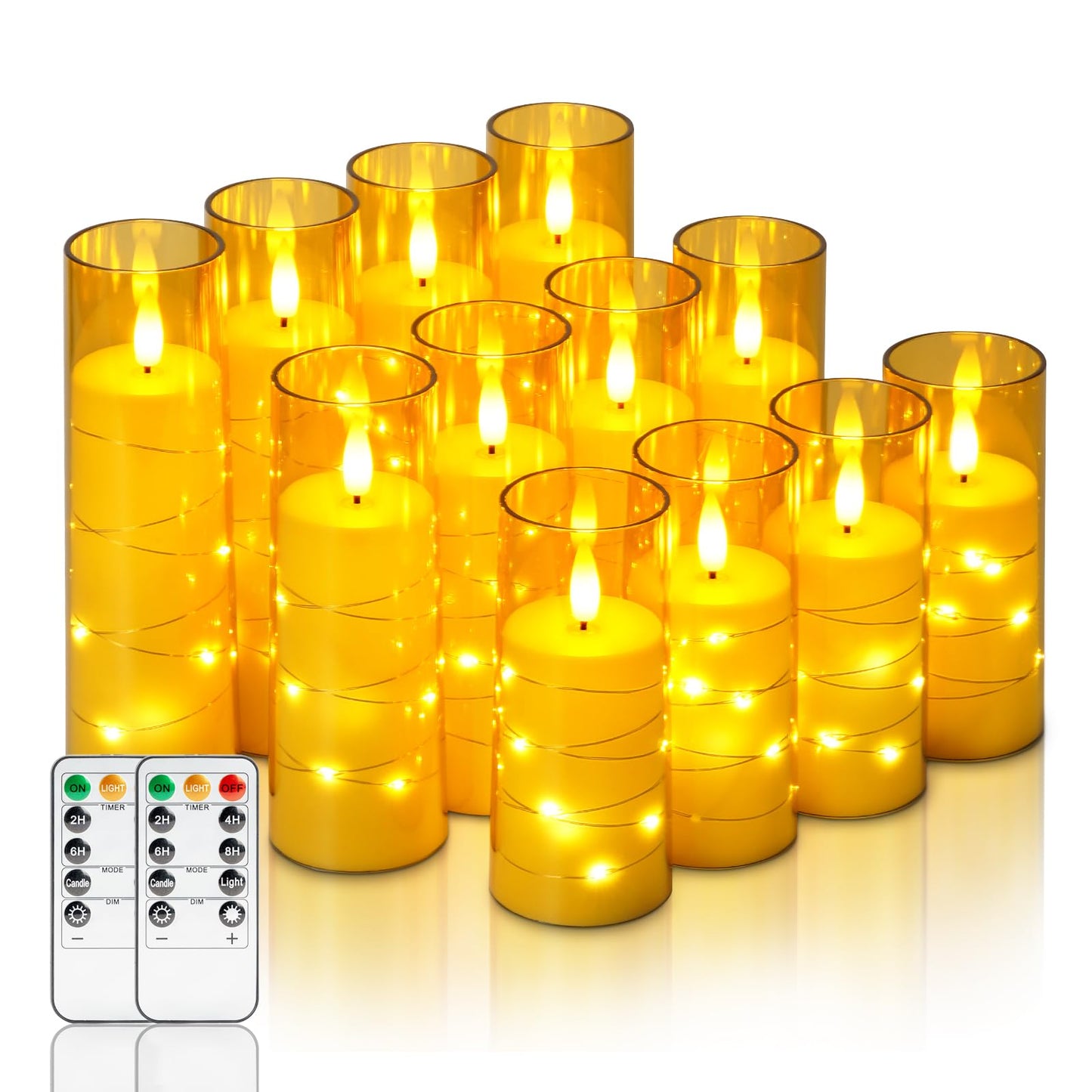Homemory 12Pcs Flameless Candles with Star String Fairy Lights, Flickering Battery Operated Candles, LED Fake Candles with Remote and Timer, Christmas, Weddings, Home Decor, Gold