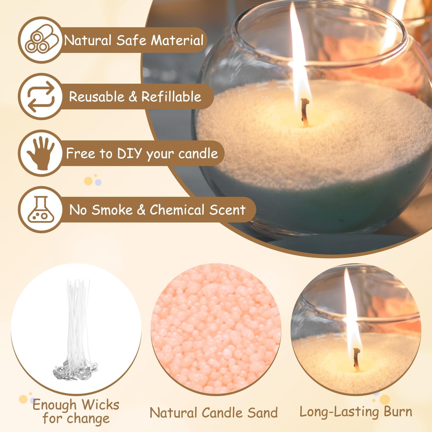MECCANIXITY Pearled Sand Candles with 20 Pcs Wicks 7Oz / 200g Candle Beads Refillable Powder Sand Wax Making Kit for Thanksgiving Christmas Wedding Party DIY Home Crafts, Light Orange