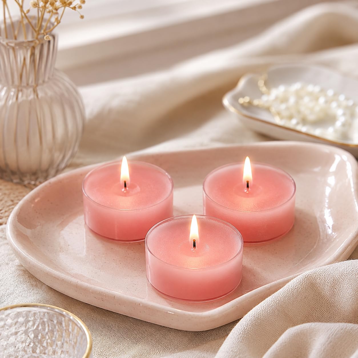 FCMSHAMD Rose Scented Tealight Candles, 24 Pack Pink Tea Lights, 6 Hour Burn Time, Modern Floral Theme, Dripless & Smokeless