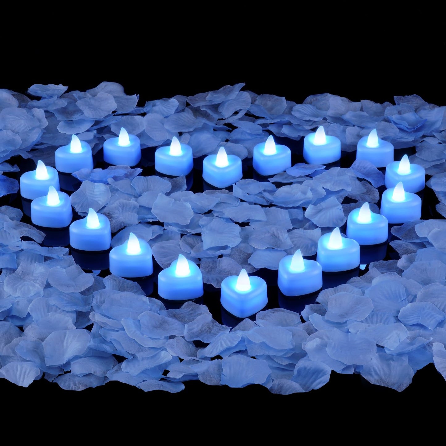 Amagic 2000 Pieces Light Blue Artificial Rose Petals with 24 Light Blue LED Tea Lights, Rose Petals and Candles Set for Proposal, Anniversary, Romantic Night, Wedding Decor