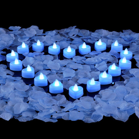 Amagic 2000 Pieces Light Blue Artificial Rose Petals with 24 Light Blue LED Tea Lights, Rose Petals and Candles Set for Proposal, Anniversary, Romantic Night, Wedding Decor
