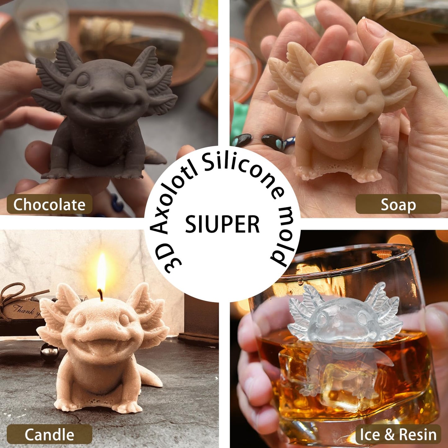 SIUPER 3D Axolotl Ice Cube Silicone Molds Tray for Whiskey, Cocktail, Drink, Bar; Rich Details. Fun Animal Mold for DIY Craft Taba Squishy Chocolate Soap Candle Resin Gift for Women Girls Boys; 2 Pack