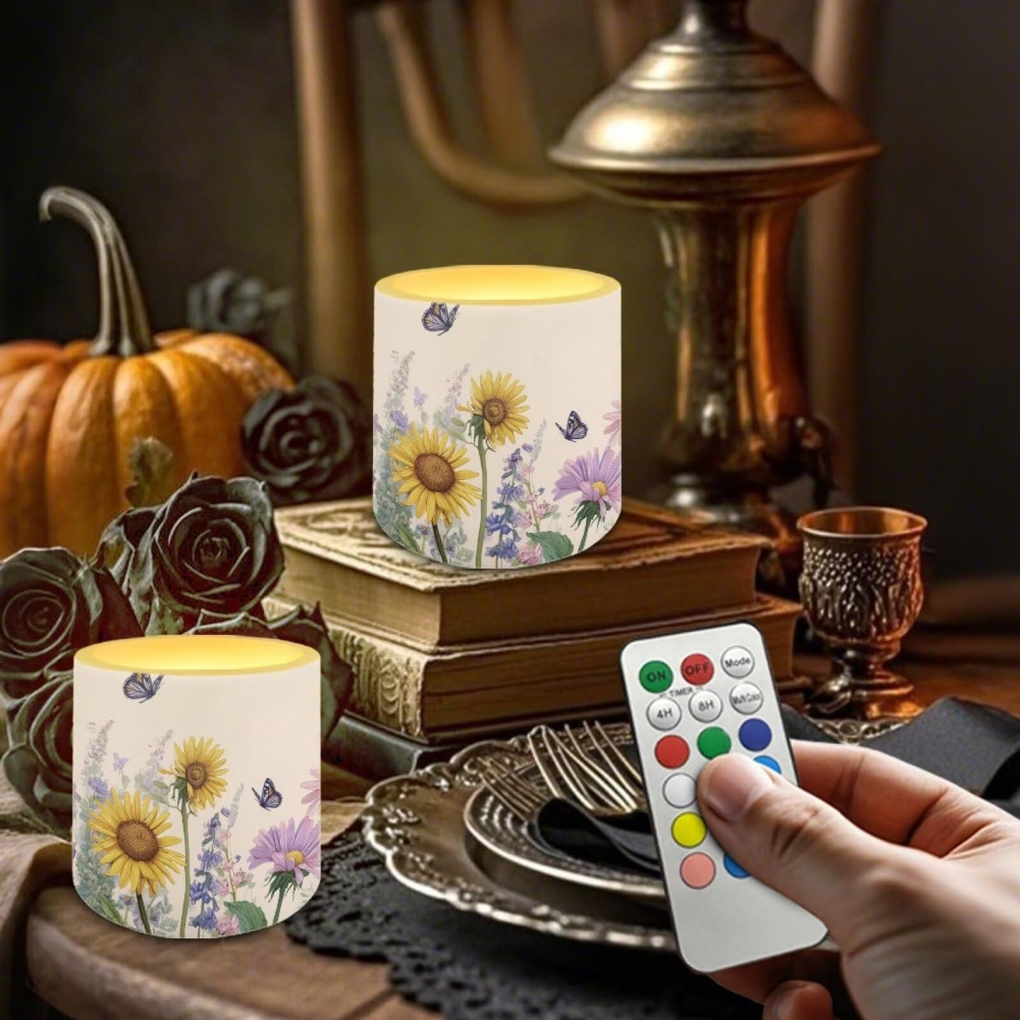 Cozeyat Sunflower Butterfly Waterproof LED Candles Set of 4 Battery Operated Flameless with Remote Timer Dancing Flame Pillar Candles for Indoor Outdoor Use