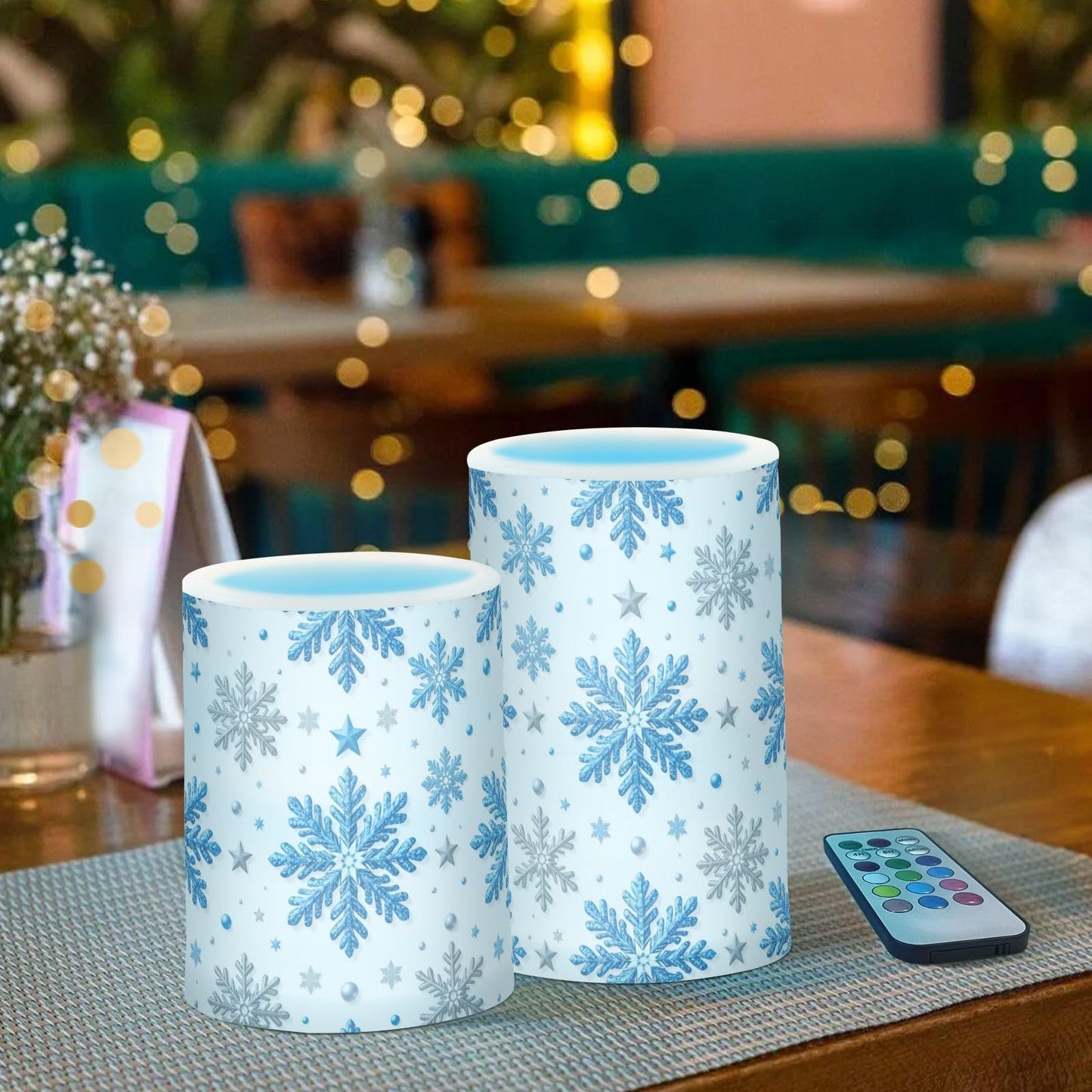 Pigsaly Flameless Candles Battery Operated Winter Stars Christmas Silver Blue Glittering Snowflakes Flickering Led Pillar Candles with Remote Control Colour Changing Warm Light Candles for Hallowee