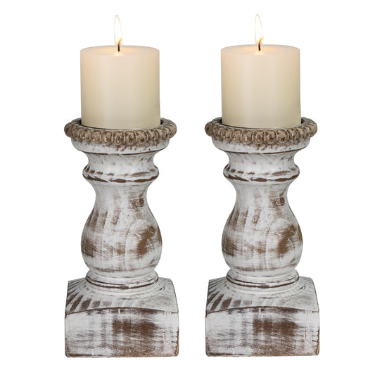 Candle Holder for Pillar Candle Set of 2, Farmhouse Wood Candle Holder, Rustic Wooden Candle Stand, Vintage Wooden Candlestick Holders Decorative for Living Room, Table Centerpiece, Washe White