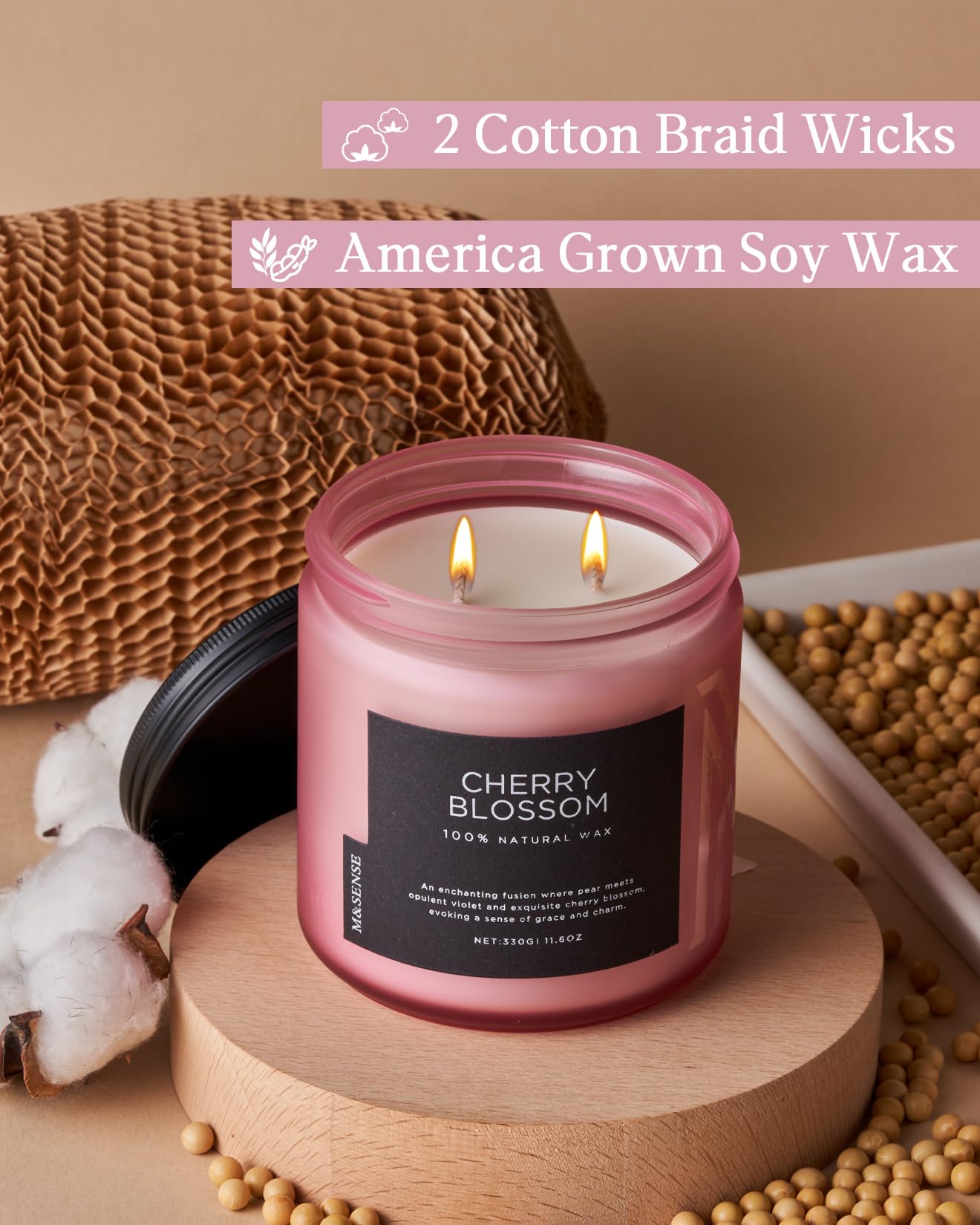 M&SENSE Cherry Blossom Home Scented Candles, 11.6oz Natural Soy Wax, Non-Toxic Clean Burning, 70-Hour Burn Time, Spring Floral Aromatherapy for Stress Relief & Relax, Relaxing Candle Gifts for Mom