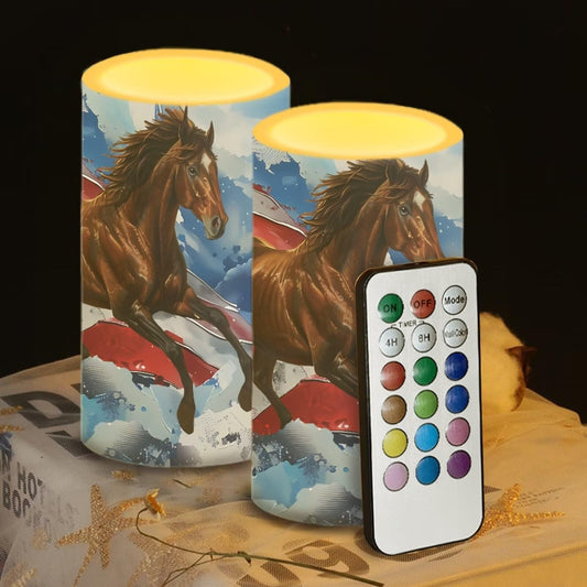 Luarisgur American Flag Flameless Candles 2 Pack 6 x 3 inch Horse Print Battery Operated Candles with Multicolor Timer Remote Control LED Fake Candles for Warm Light Dinner Table Home Patriotic Decor