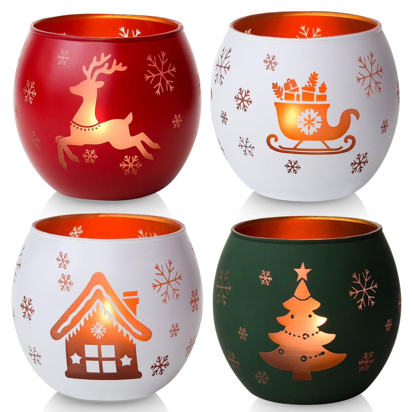Christmas Candle Holders Set of 4, Frosted Glass Tealight Votive Holders with Snowflake, Reindeer, Christmas Tree Designs, Winter Holiday Table Centerpiece for Indoor Outdoor Decor (Red, Green, White)