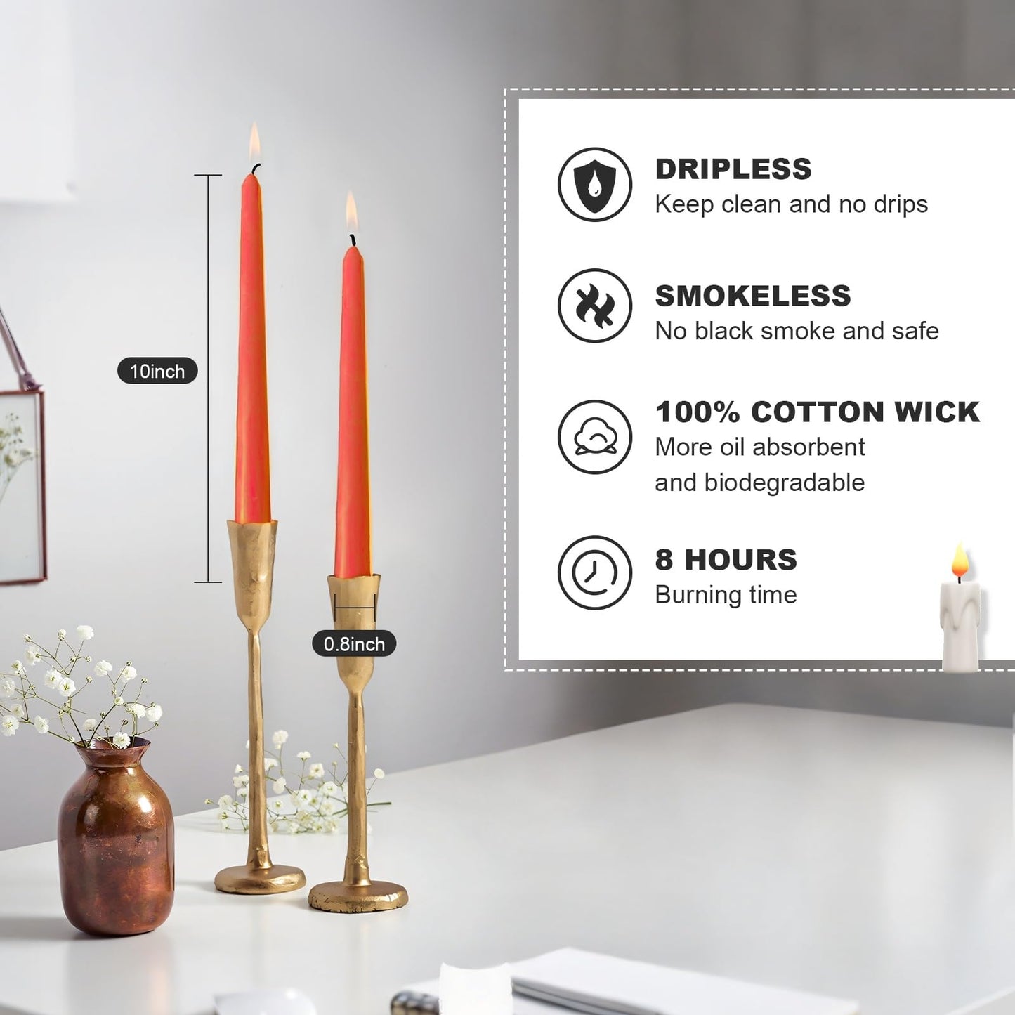 Ksefey 10 Inch Orange Taper Candles Set of 6 - Dripless,Unscented,8 Hours Burn Time-Perfect for Wedding,Dinner,Party and Home Decor
