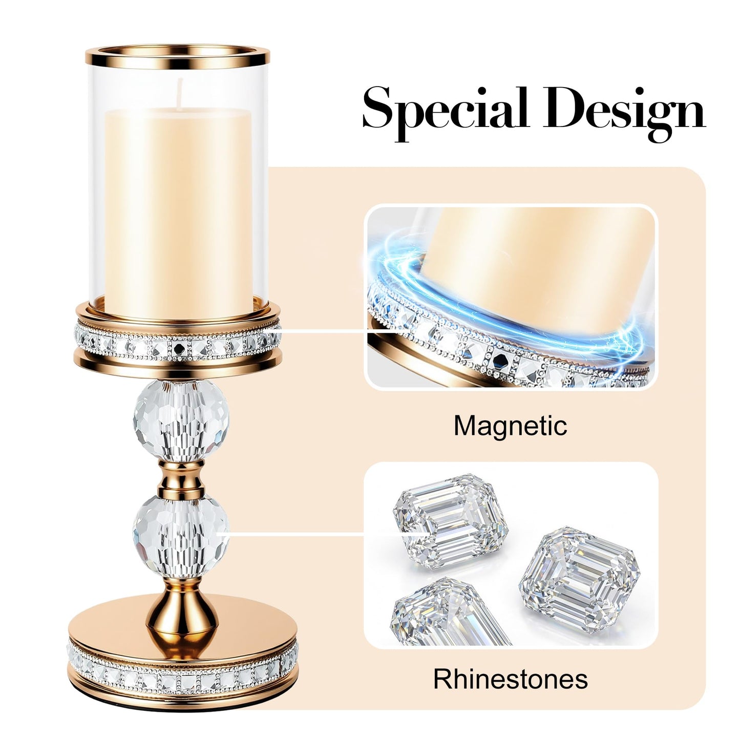 12.4" Tall Hurricane Candle Holder, Pillar Candle Holders with Glass Sleeve with Gift Box, Crystal Candle Stands for Home Warming, Weddiing, Dining Room Decor, Table Centerpiece (2, Gold, M)