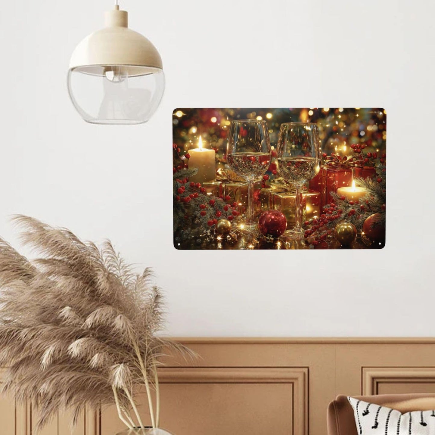 MA6GE8DE Festive Wine Glasses With Candles, Red Berries, Gold Gifts, Sparkling Bokeh, 6x8 Inch Metal Tin Plaque Sign, Ideal For Living Room And Kitchen Restaurant,Create A Festive Atmosphere