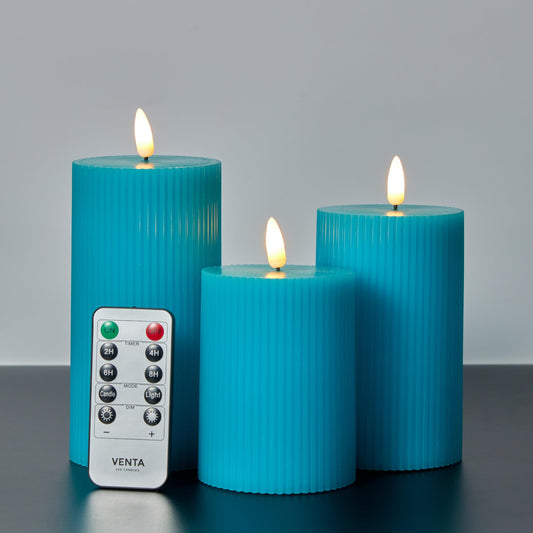 VENTA Turquoise Flameless Pillar Candles, Set of 3 (4" 5" 6") | Realistic Flickering Teal LED Candles with Remote & Timer | Perfect for Coastal, Boho & Modern Home Decor
