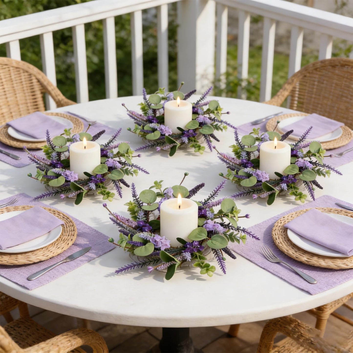 6 Pcs Small Lavender Candle Ring Wreaths Mini Pillar Candle Holder Wreath with Violet Hydrangea Flowers and Eucalyptus Leaves Artificial Spring Summer Wreath for Home Kitchen Table Cnterpieces