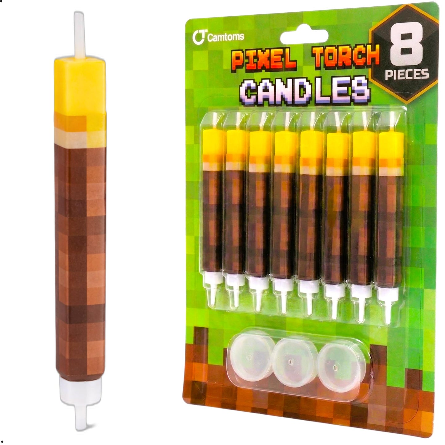 Camtoms Birthday Candles (8 Pack) - Large 3-Inch Cake Toppers - Birthday Cake Decorations for Boys - Novelty Gaming Themed Pixel Torch Candle Set for Level Up Celebration