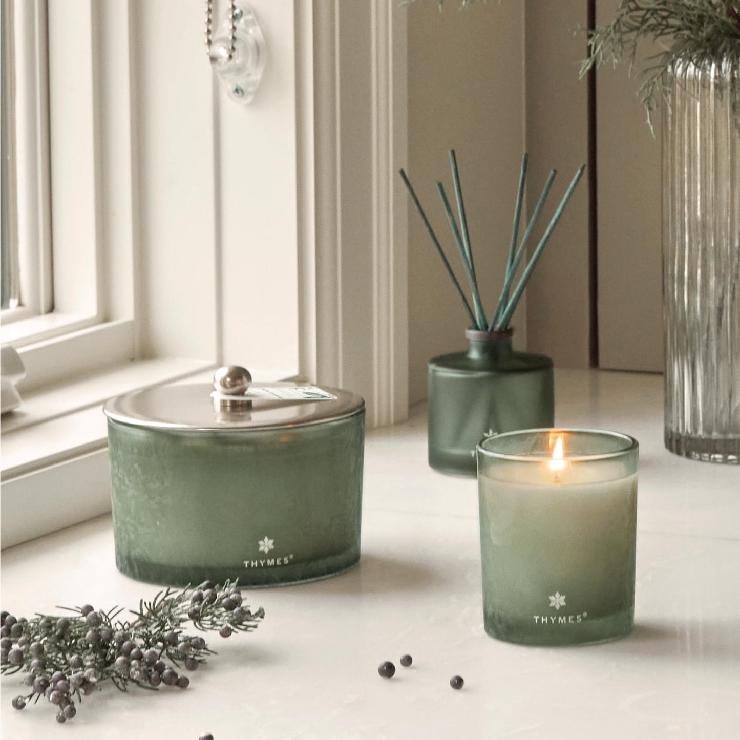 Thymes Highland Frost Large 3 Wick Candle - Scented Candles with Crisp Notes of Sage, Eucalyptus, & Cypress Needles - Luxury Home Fragrance Gifts for Women & Men - Sage-Green (18 oz)