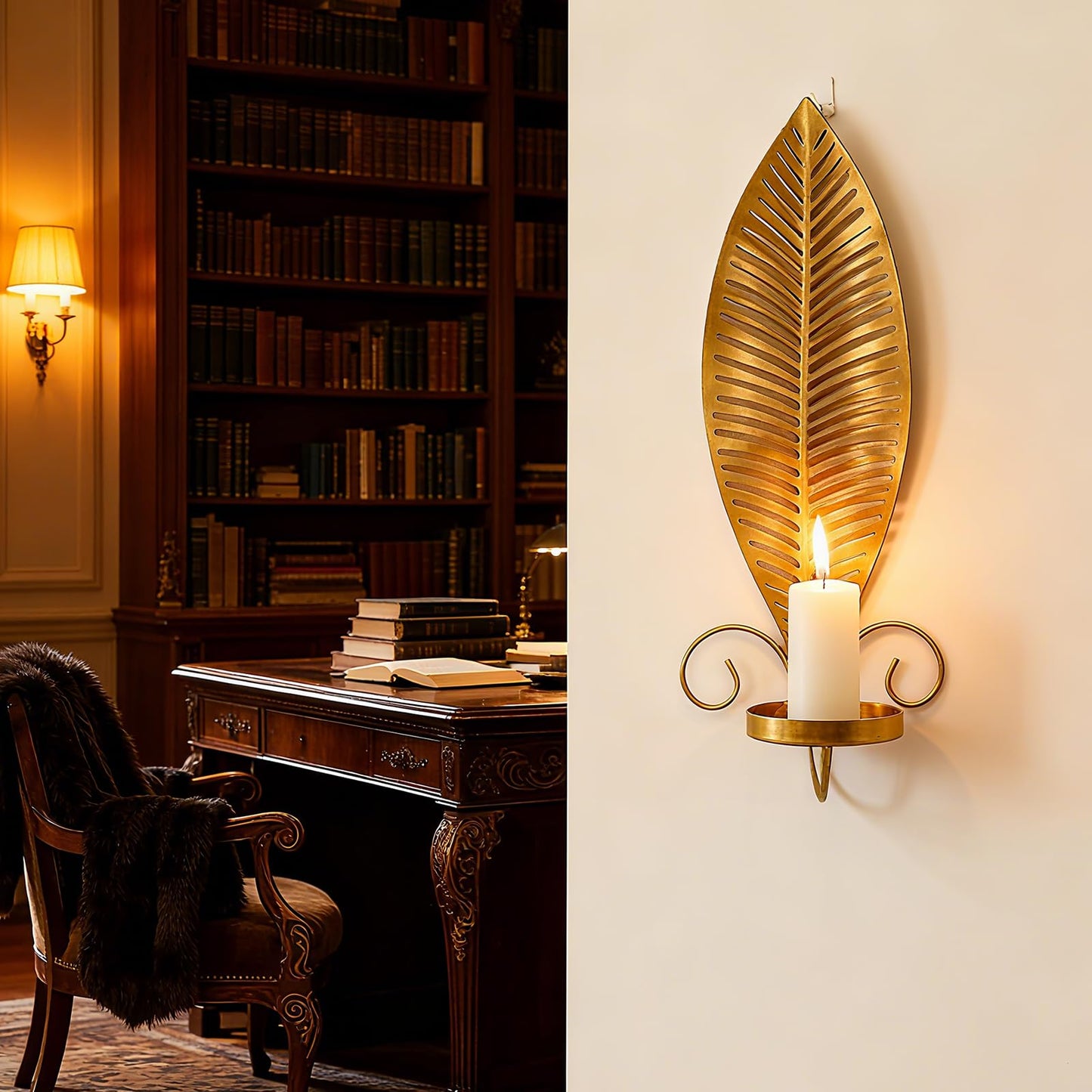 Farmhouse Wall Candle Sconces Vintage Metal Leaf Candle Holder, Set of 2 Wall Candlestick Mounted for Hallway Fireplace Bedroom Living Room (Gold)