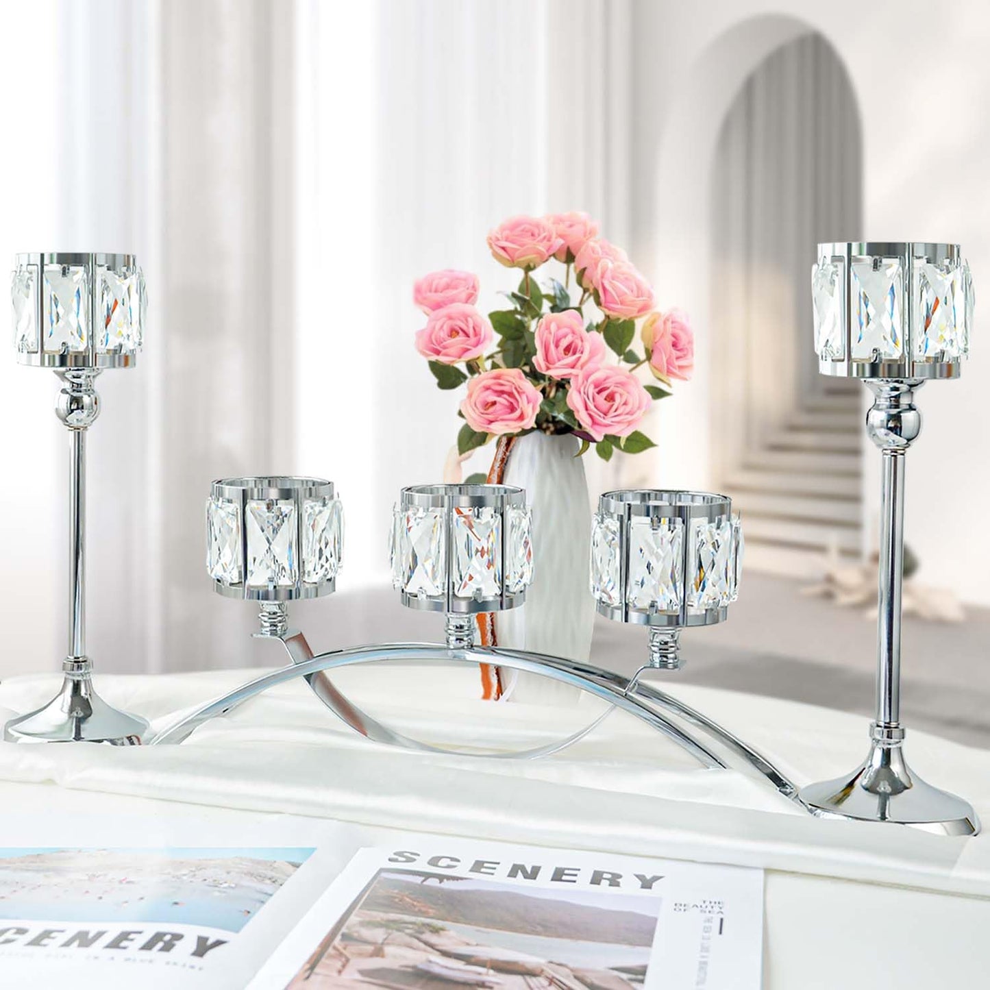 3 Arms Crystal Bowl Tealight Candelabra Votive Candle Stand, Wedding centerpieces for Tables Crystal Candlestick，Centerpiece Table Decorations (Set of Silver)