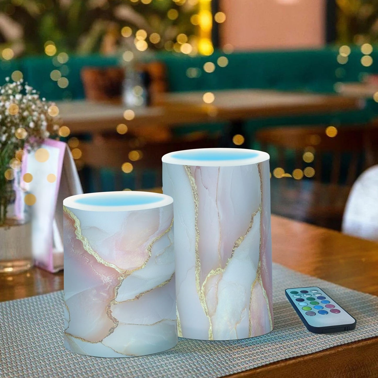 Flameless Pillar Candle Battery Powered Led Pillar Candles for Outdoor Marble Blush White
