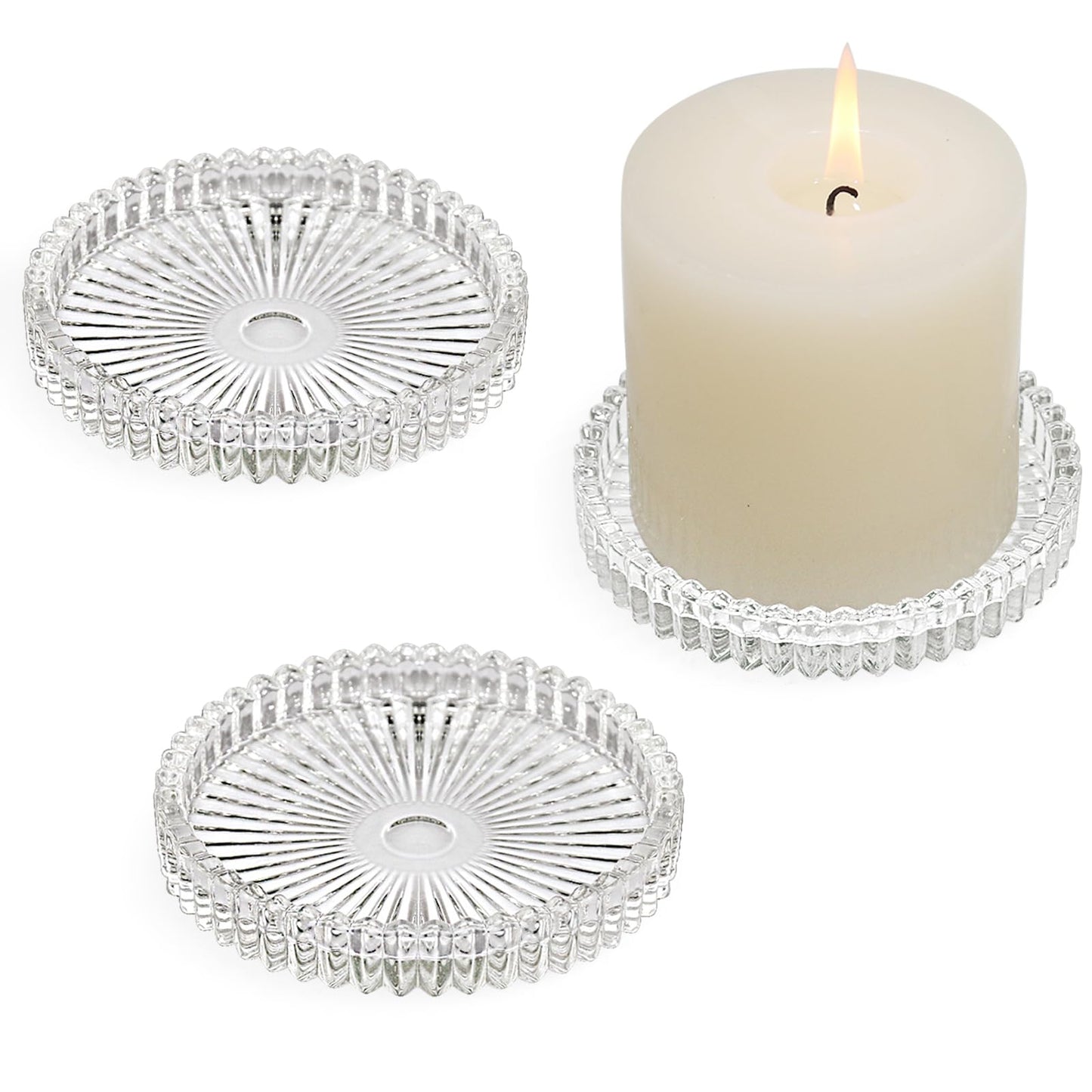CHOCSTAY Glass Pillar Candle Holder, 4" Clear Candle Plates Set of 3, Glass Candle Holders for Wedding, Party, Holiday, Home Decor, Table Centerpiece