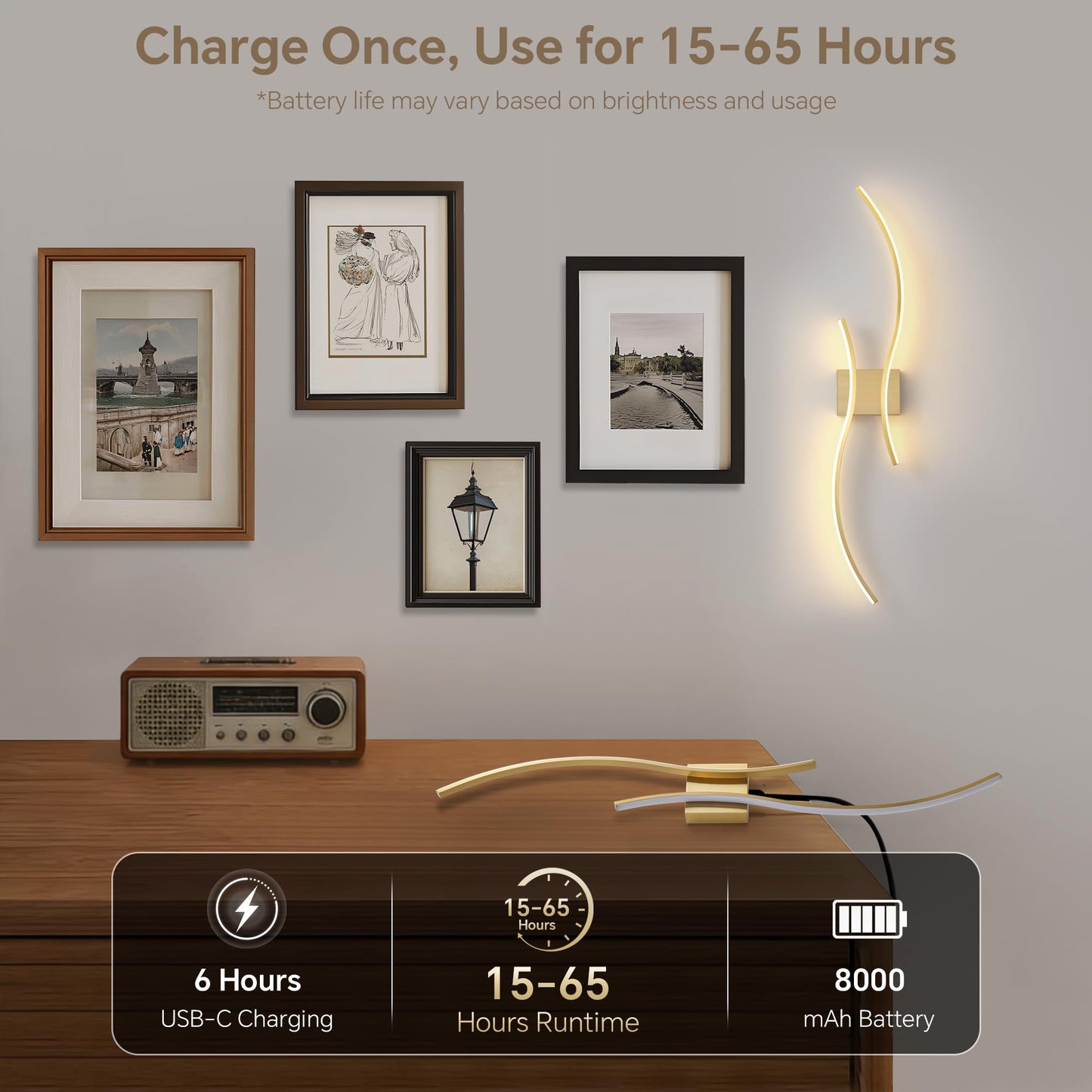 GLOTHOR Battery Operated Wall Sconce Set of 2, Dimmable Modern LED Rechargeable Wall Light with Remote Control, Wall Decor for Living Room, Hallway, Quick Install, No Electrician Required