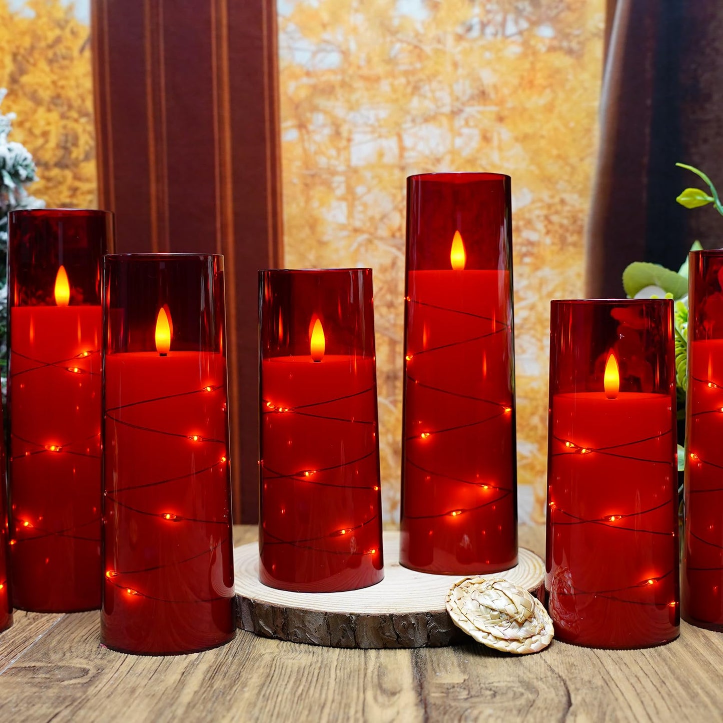 kakoya Flameless LED Candles with Timer 9 Pc Flickering Flameless Candles for Romantic Ambiance and Home Decoration Stable Acrylic Shell,with Embedded Star String，Battery Operated Candles（Red）