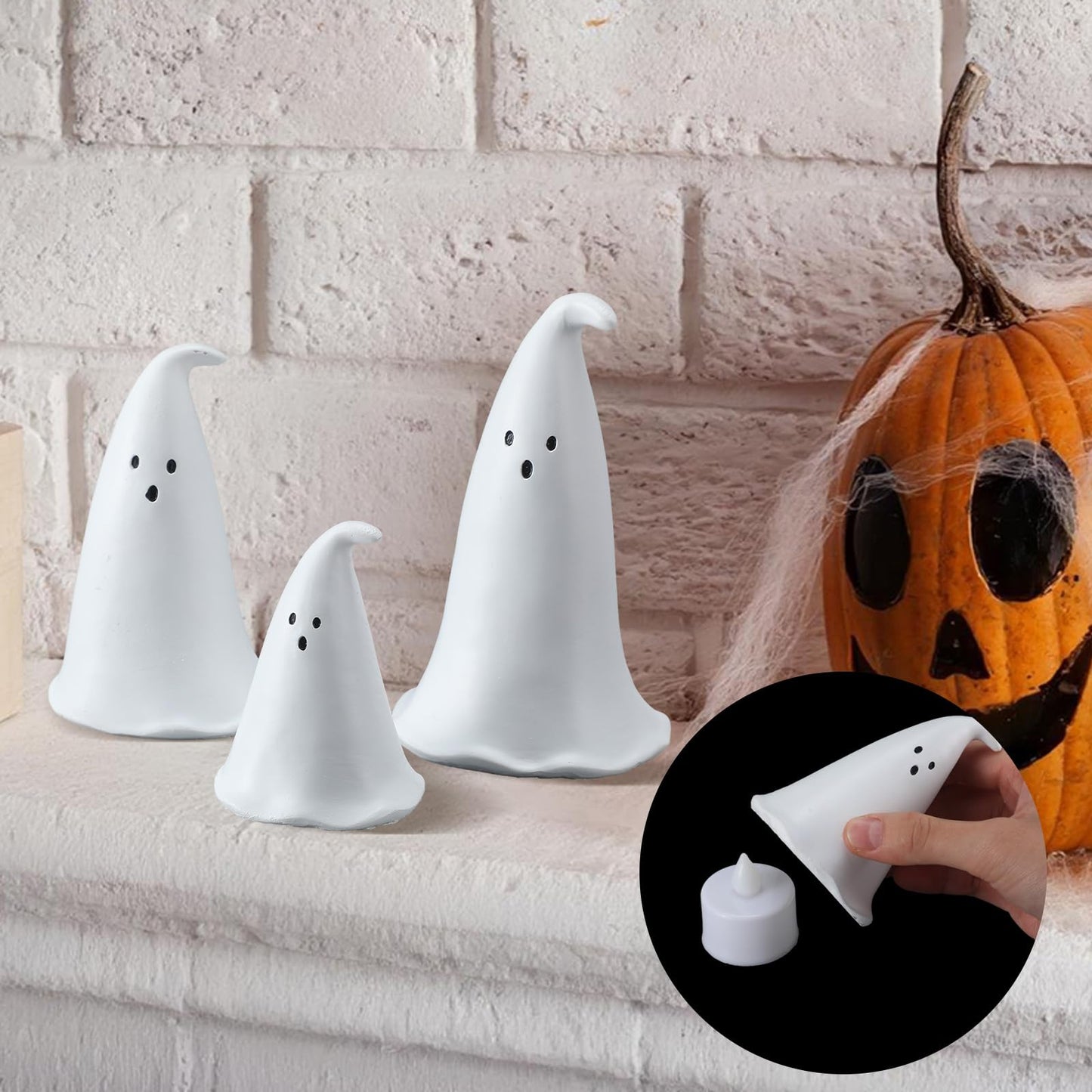Colingmill Halloween Resin Ghost Figurine with 3 LED Tea Lights, Ghost Candle Holder Set of 3, Spooky Tabletop Indoor Halloween Light up Decor for Holiday Party, White Hollow Spooky Sculptures