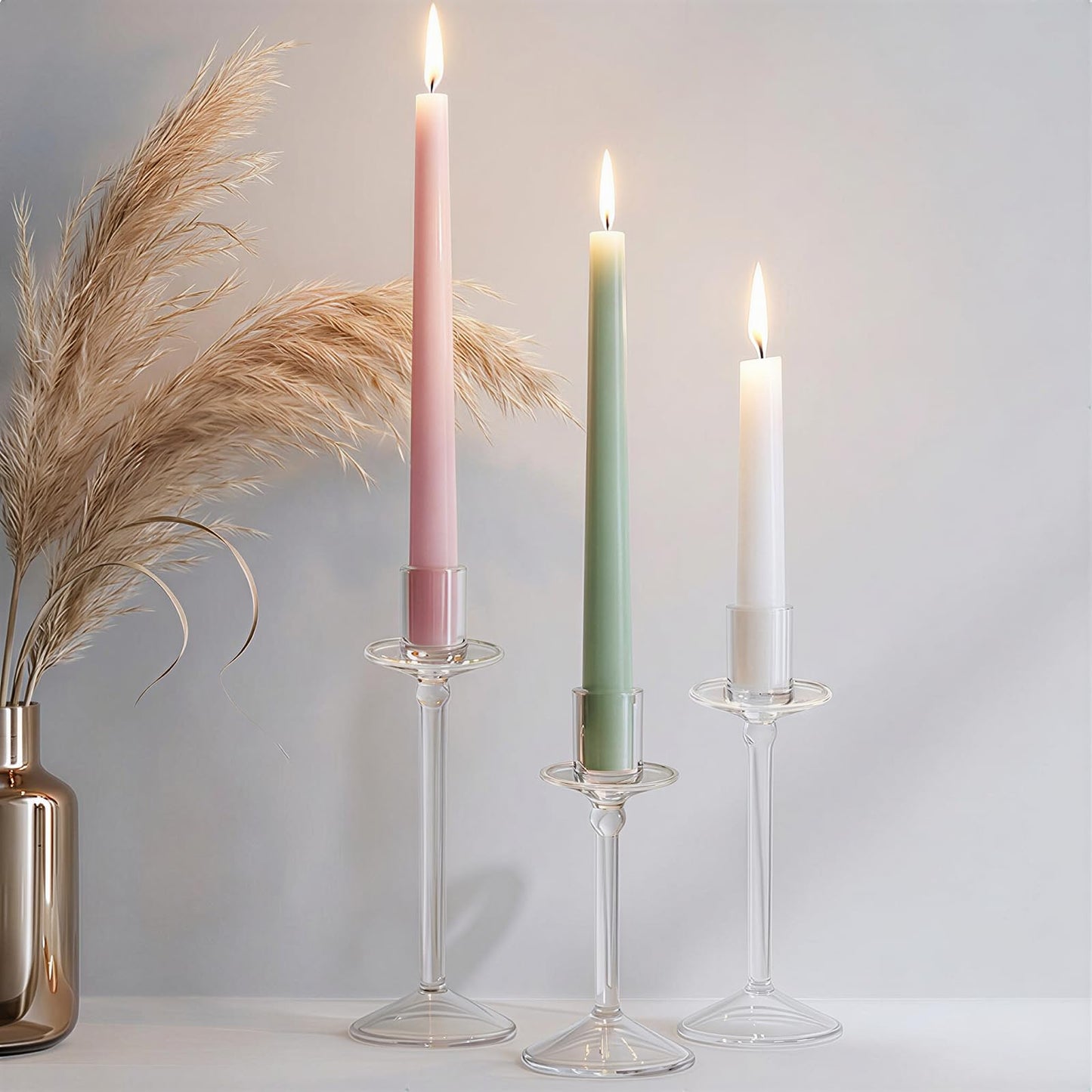 CHILL RECIPE Candle Holder Glass Taper Candlestick Holders with Built-in Candle Drip Protectors for Table Centerpiece Wedding Party (Clear 3Pcs)