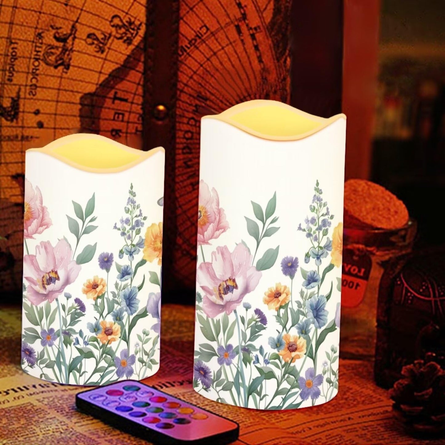 Uorisanigo Floral Flameless LED Candles with Remote and Timer - Set of 4 Electric Pillar Candles for Home Decor