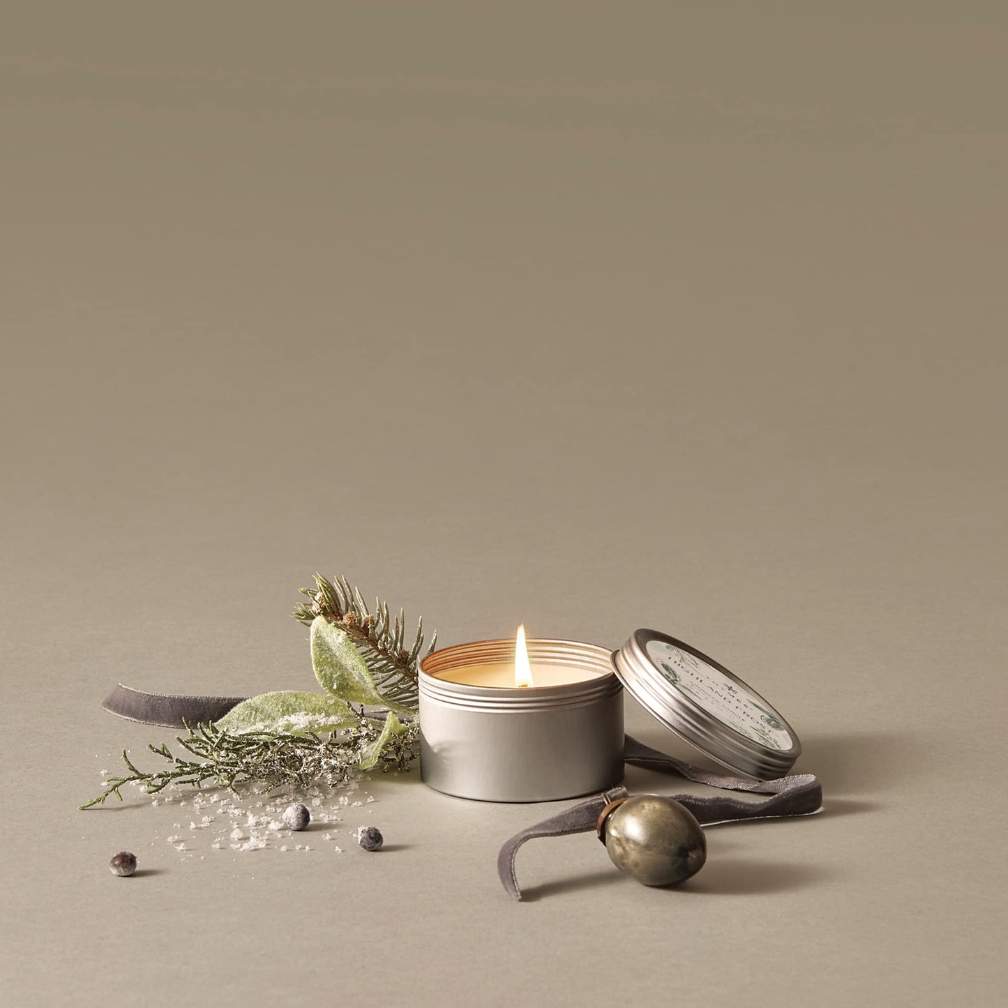 Thymes Travel Tin Holiday Candles - Scented Candles for Home Decor - Winter Scents - Luxury Home Fragrance Gifts for Women & Men - Silver (Highland Frost, 2.5 oz)