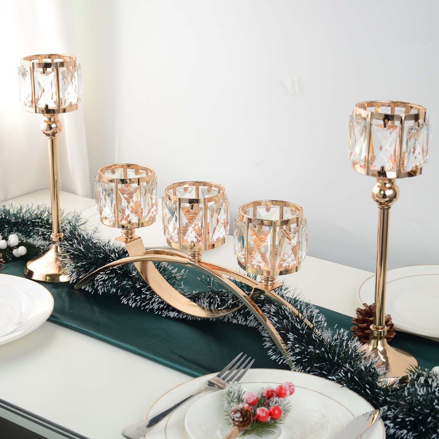 KEHAIL 3 Arms Crystal Candle Holders, Arch Candlestick Table Candelabras Centerpieces for Wedding, Dinning Room, Cabinet Ornaments, Home Decoration, Gift (3-arm Arched Set, Gold)
