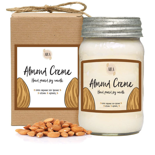 Aira Soy Candles - Organic, Kosher, Vegan, in Mason Jar w/Therapeutic Grade Essential Oil Blends - Hand-Poured 100% Soy Candle Wax - Paraffin Free, Burns 110+ Hours - Almond Creme -16 Ounces