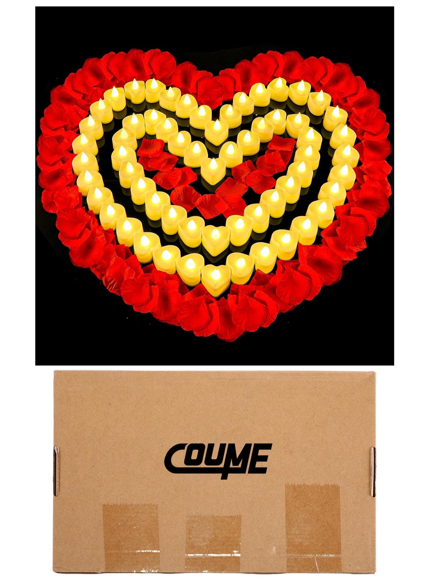 Coume 6000 Pieces Artificial Rose Petal 72 Pieces LED Tealights Candle, Romantic Decorations Special Night Rose Petal Heart Candle for Valentines Wedding Anniversary Proposal Decor(Warm White Light)